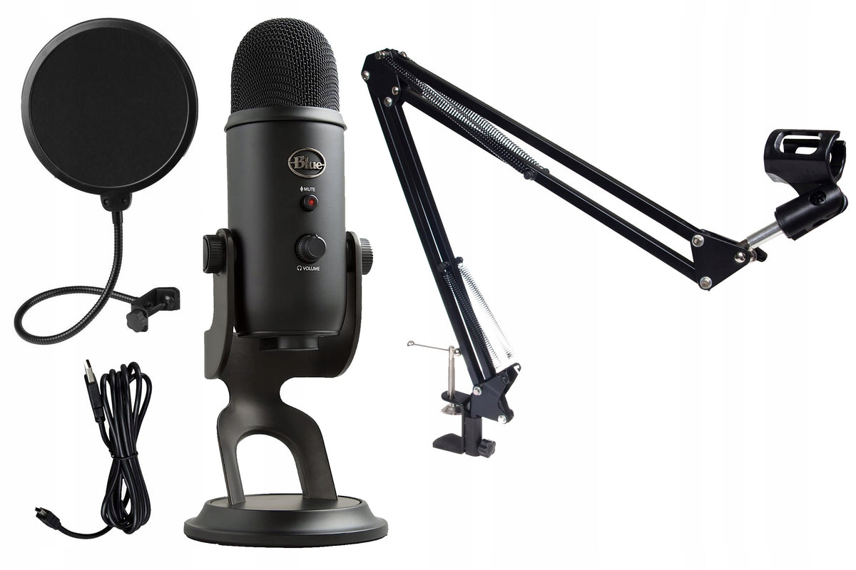 SET CONDENSER MICROPHONE BLUE YETI BLACKOUT + TRIPOD + POP