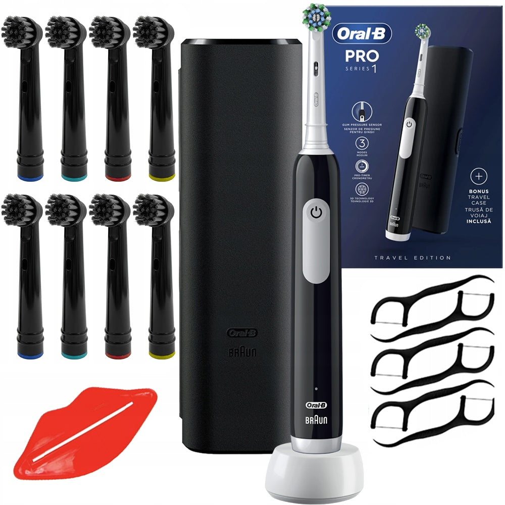 SET ELECTRIC TOOTHBRUSH ORAL-B PRO 1 BLACK + CASE TIPS ACCESSORIES