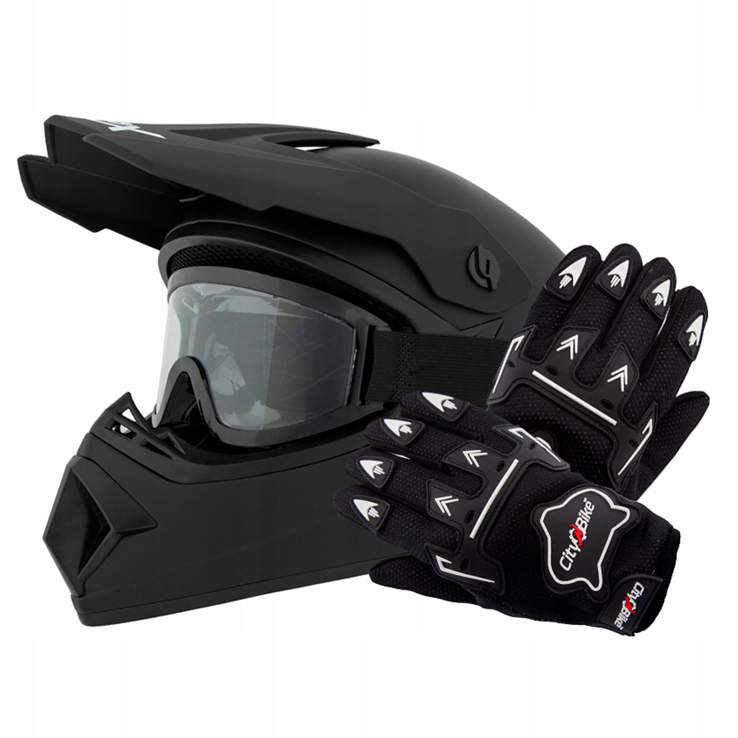 SET ENDURO HELMET+GOGLES+GLOVES FOR CROSS QUAD BMX SCOOTER BLACK MAT L