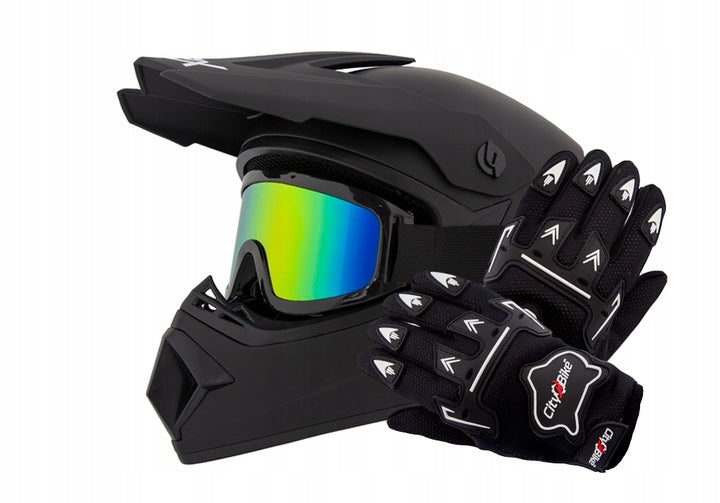 SET ENDURO HELMET+GOGLES+GLOVES FOR CROSS QUAD BMX SCOOTER BLACK MAT XS