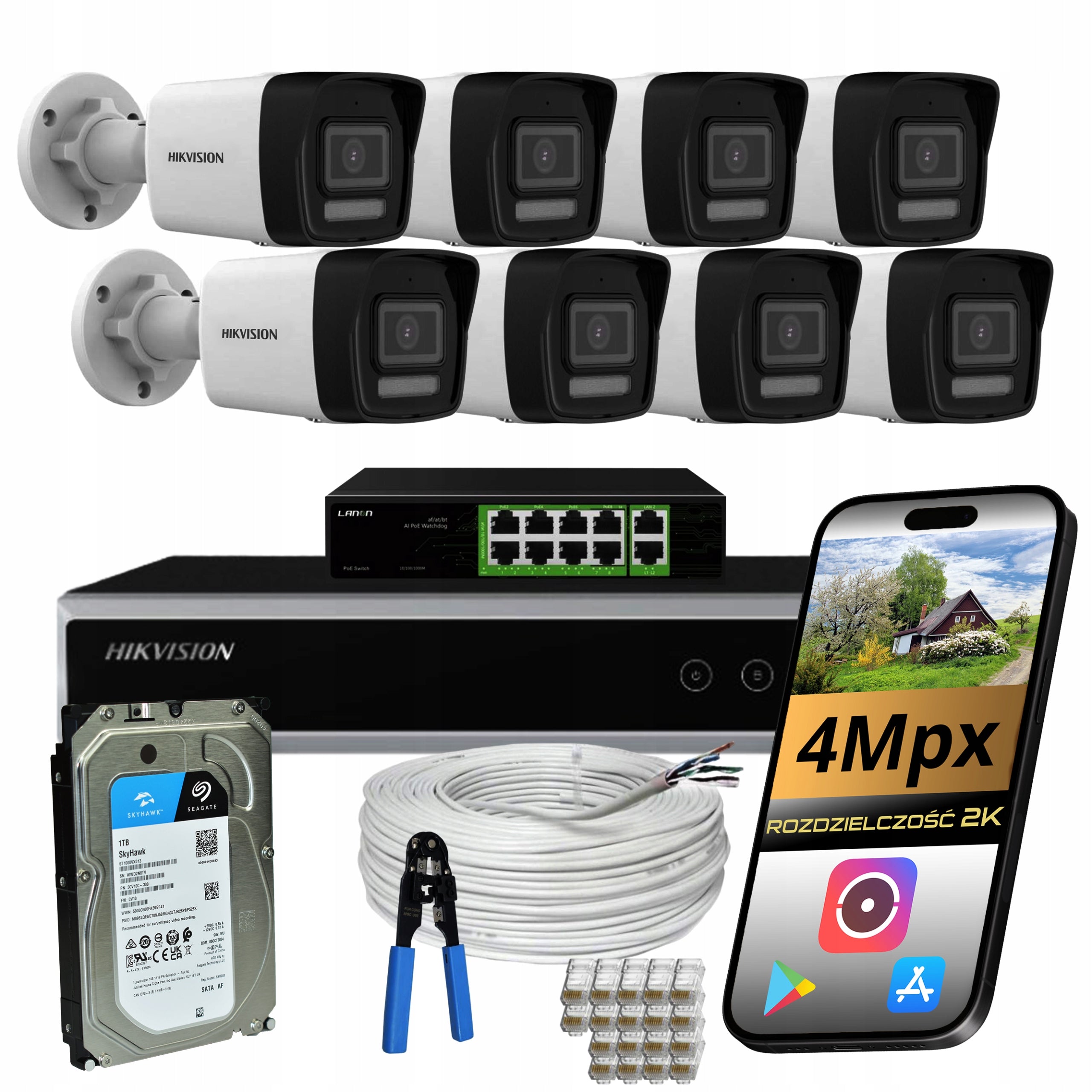 SET FOR MONITORING 8 EXTERNAL CAMERAS 4Mpx IP POE IR/LED HIKVISION 1TB