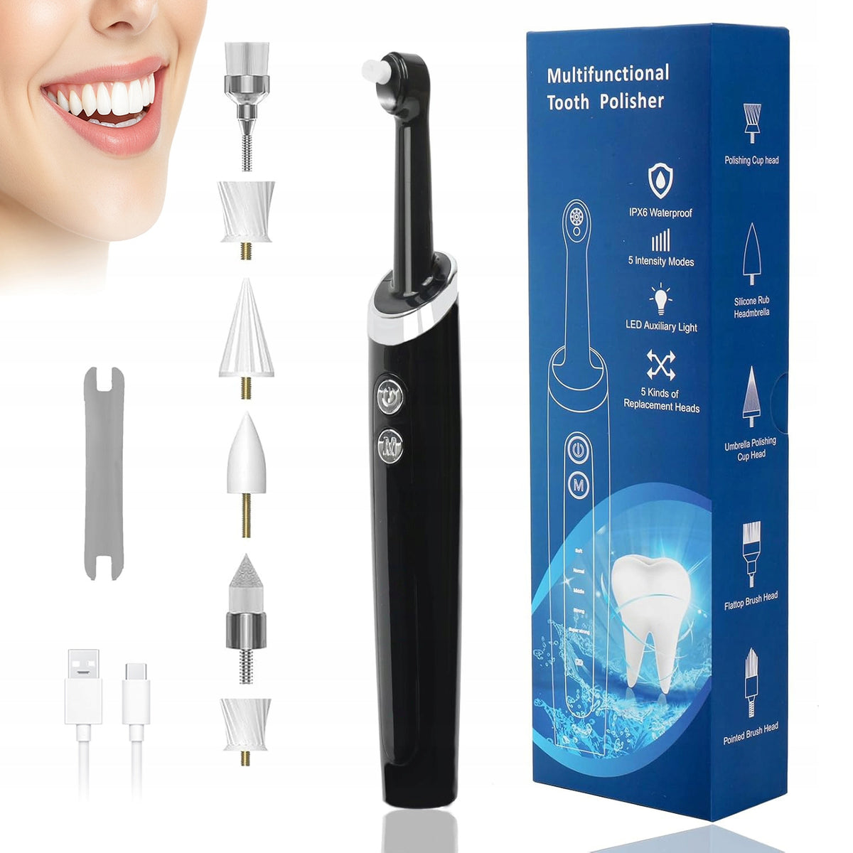 SET FOR POLISHING AND WHITENING TEETH 5 MODES WITH 6 INTERCHANGEABLE HEADS