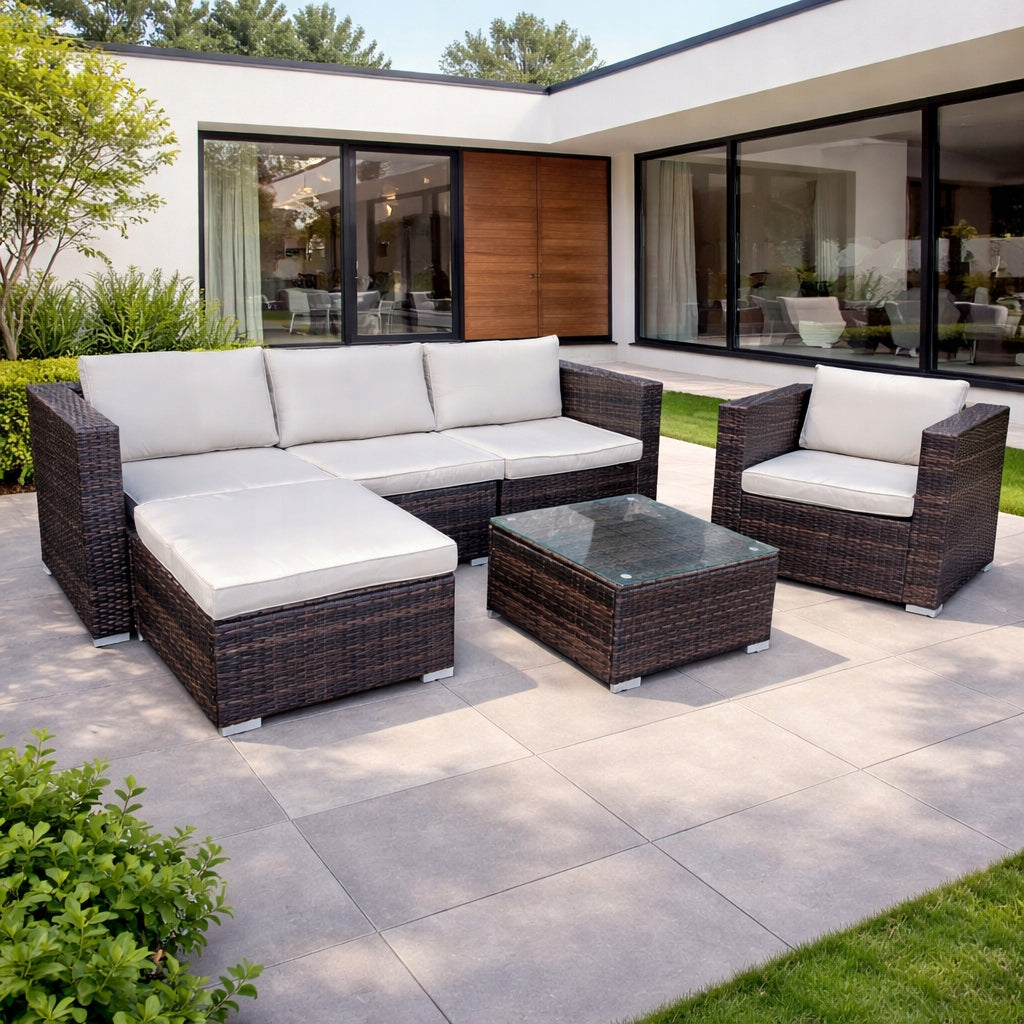 SET GARDEN FURNITURE RATTAN SOFA TABLE ARMCHAIR POUF 5 PEOPLE Color brown