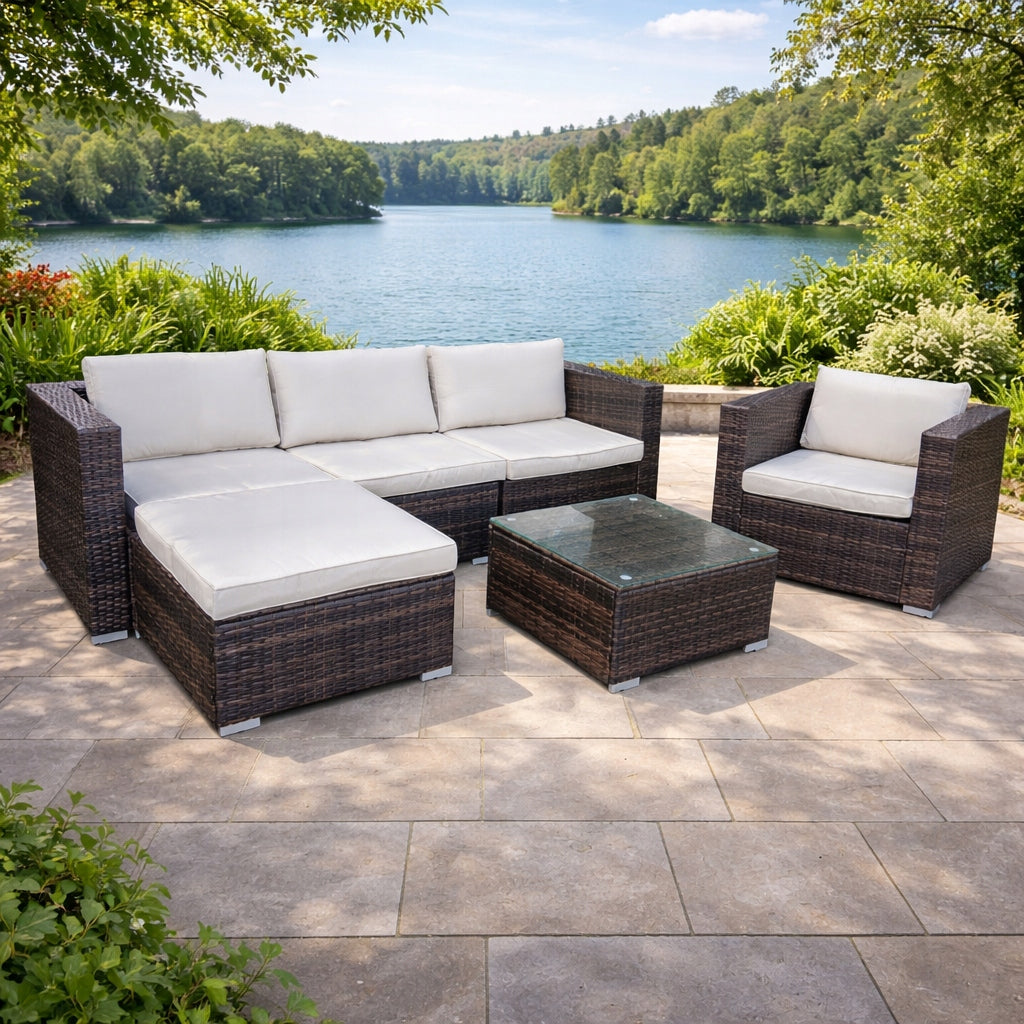 SET GARDEN FURNITURE RATTAN SOFA TABLE ARMCHAIR POUF 5 PEOPLE Main material synthetic rattan