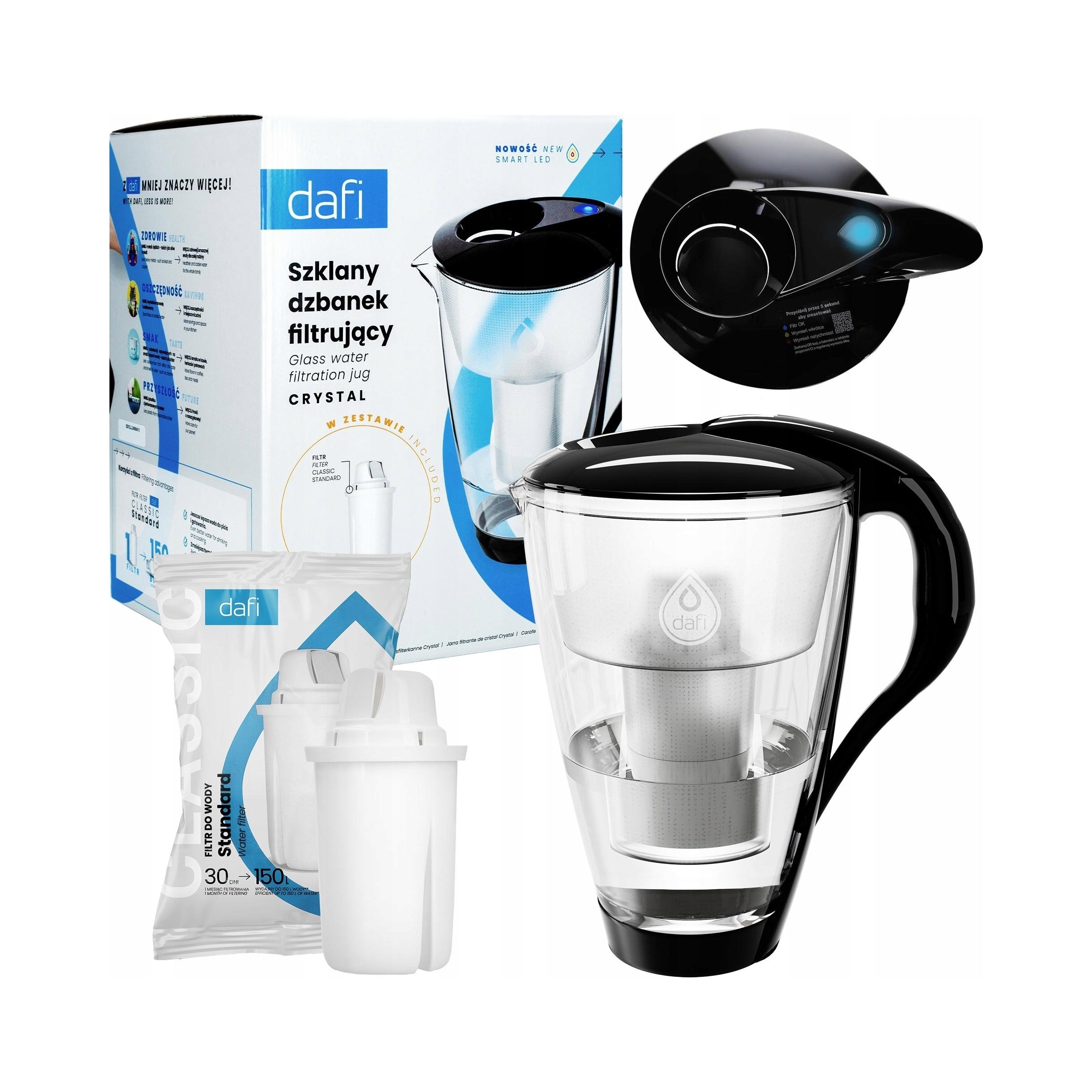 SET Glass Jug Dafi CRYSTAL LED 2 l Graphite + 12 Classic Cartridges