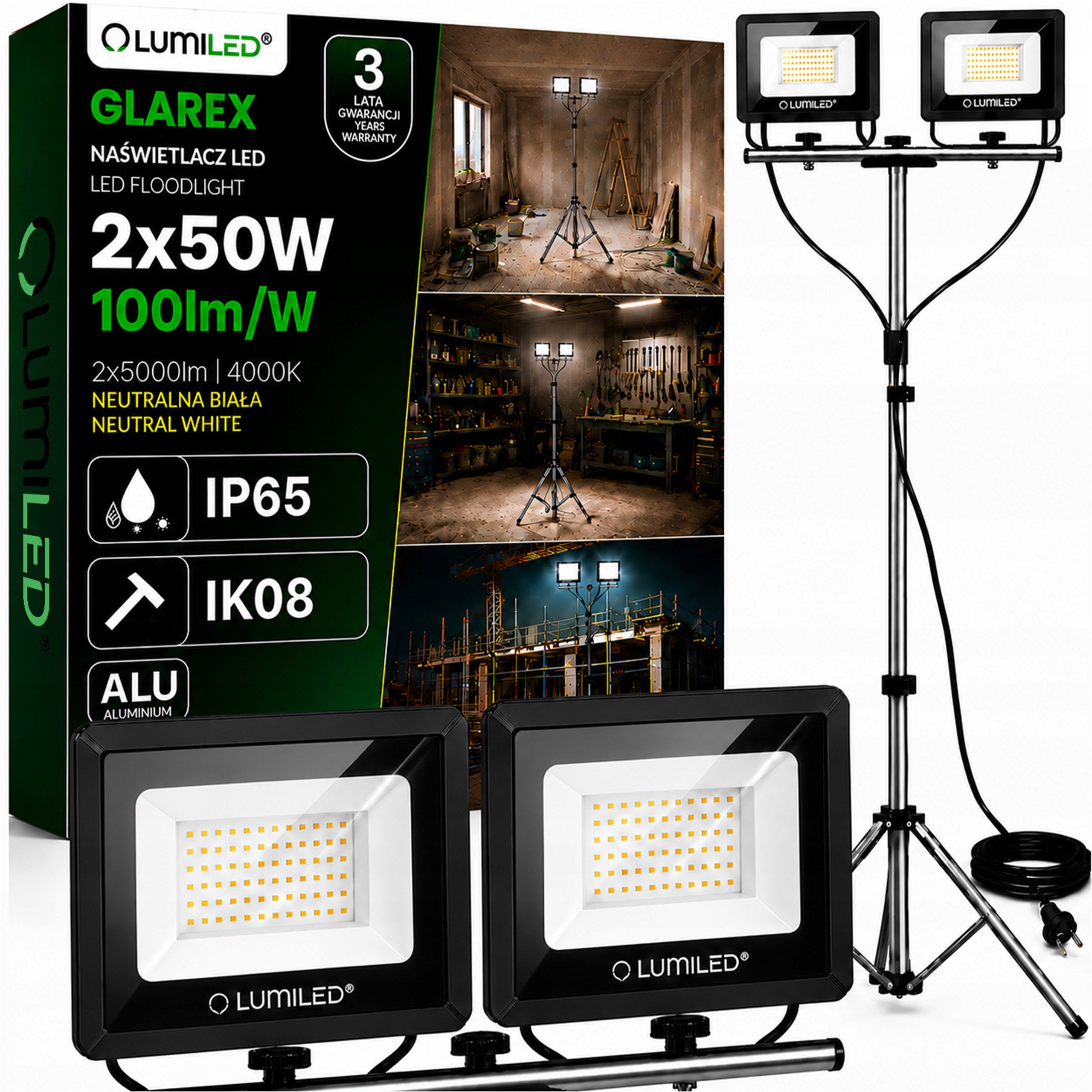 SET HALOGEN floodlight LED LAMP TRIPOD 2x50W WorkING CONSTRUCTION STRONG