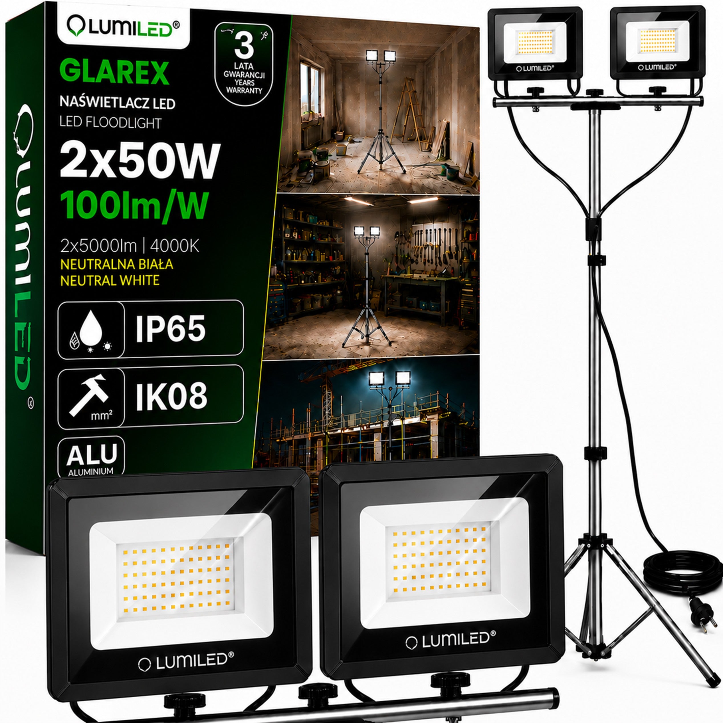 SET HALOGEN floodlight LED TRIPOD 2x 50W WorkING CONSTRUCTION STRONG