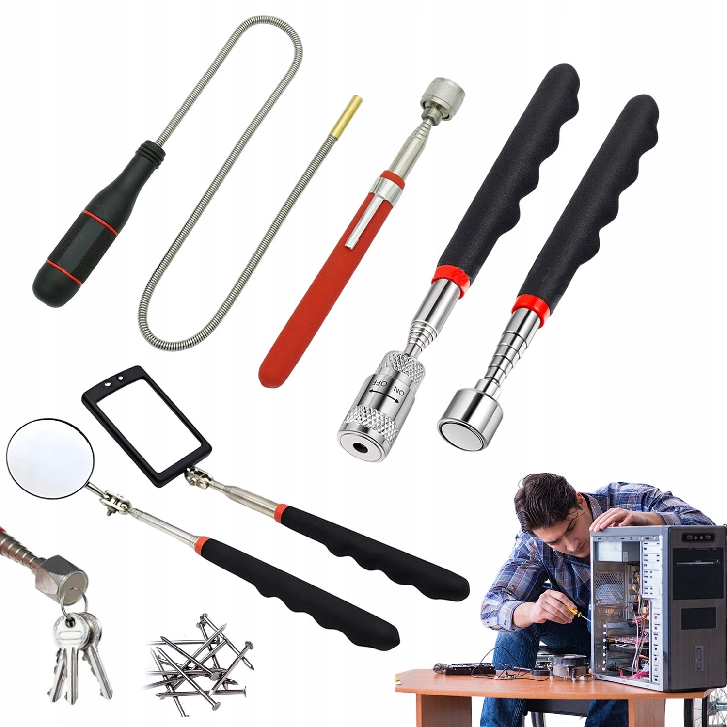 SET MAGNETIC TELESCOPIC LED MIRROR 6EL WORKSHOP AUTO TOOLS
