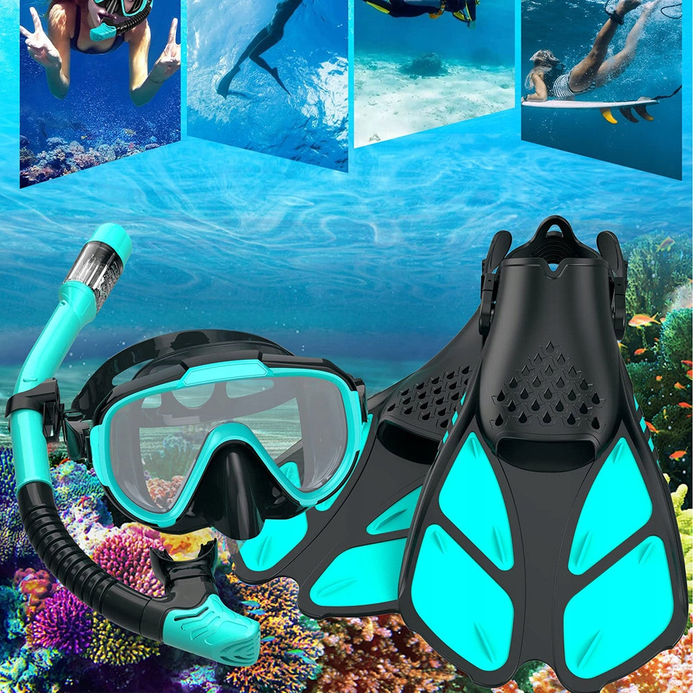 SET MASK AND SNORKEL DIVING GLASSES AND SNORKELING TUBE + fins Model ouigb1