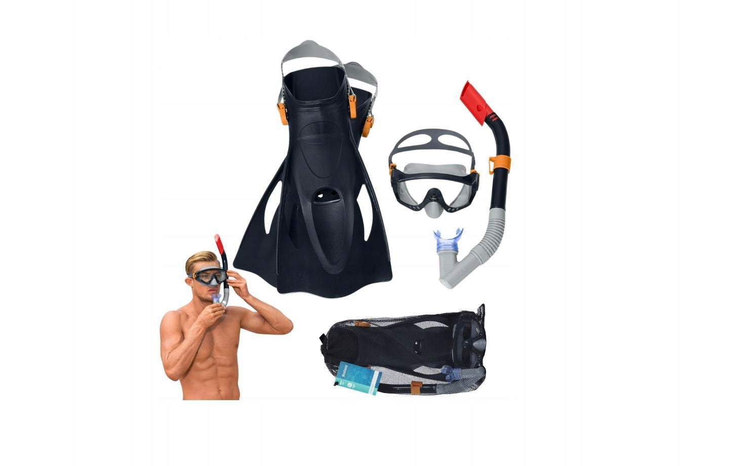SET MASK AND SNORKEL GLASSES TUBE FIN