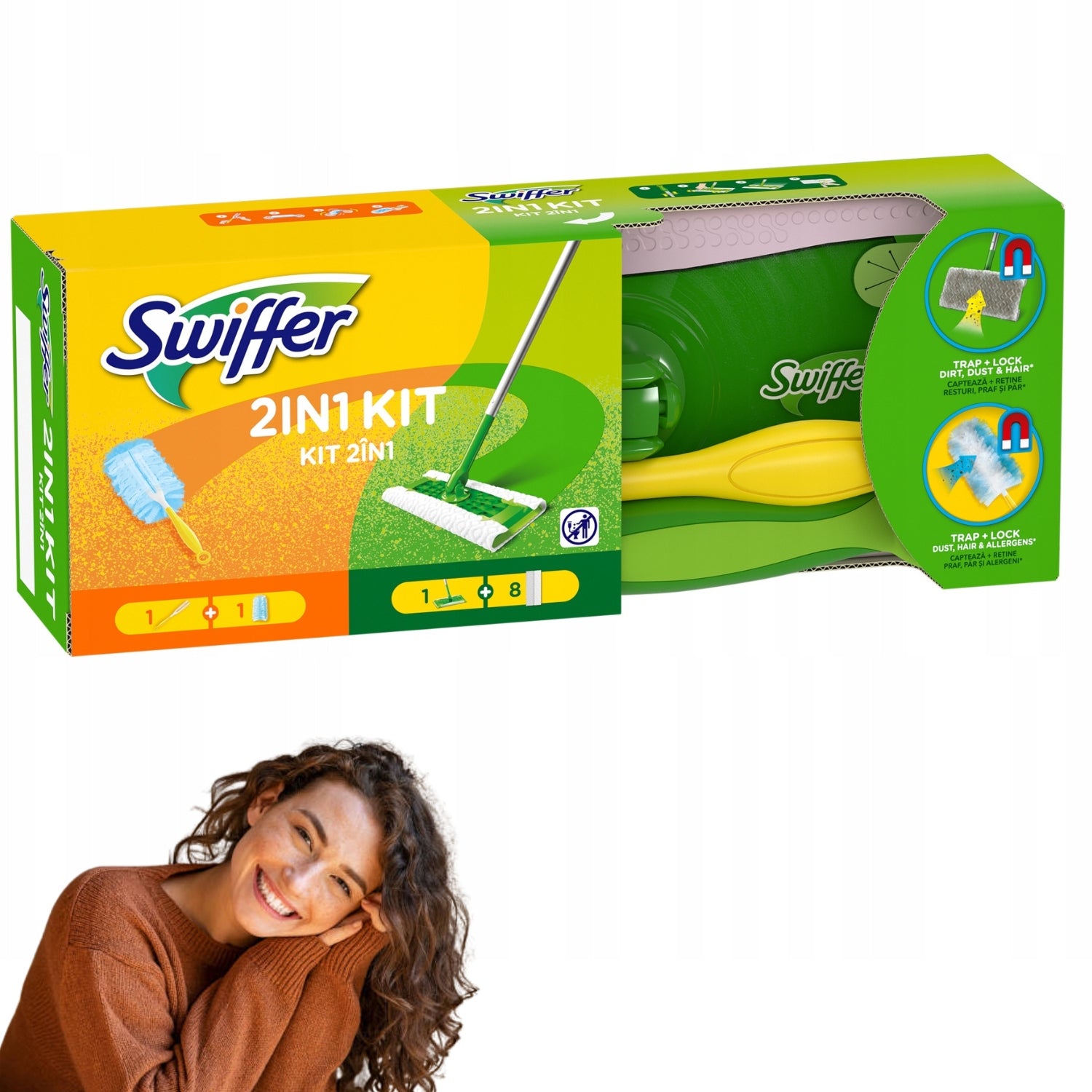 SET OF 1 ROTARY MOP FLAT 8 CLOTHS + BROOM + 2IN1 HAIR CARTRIDGE