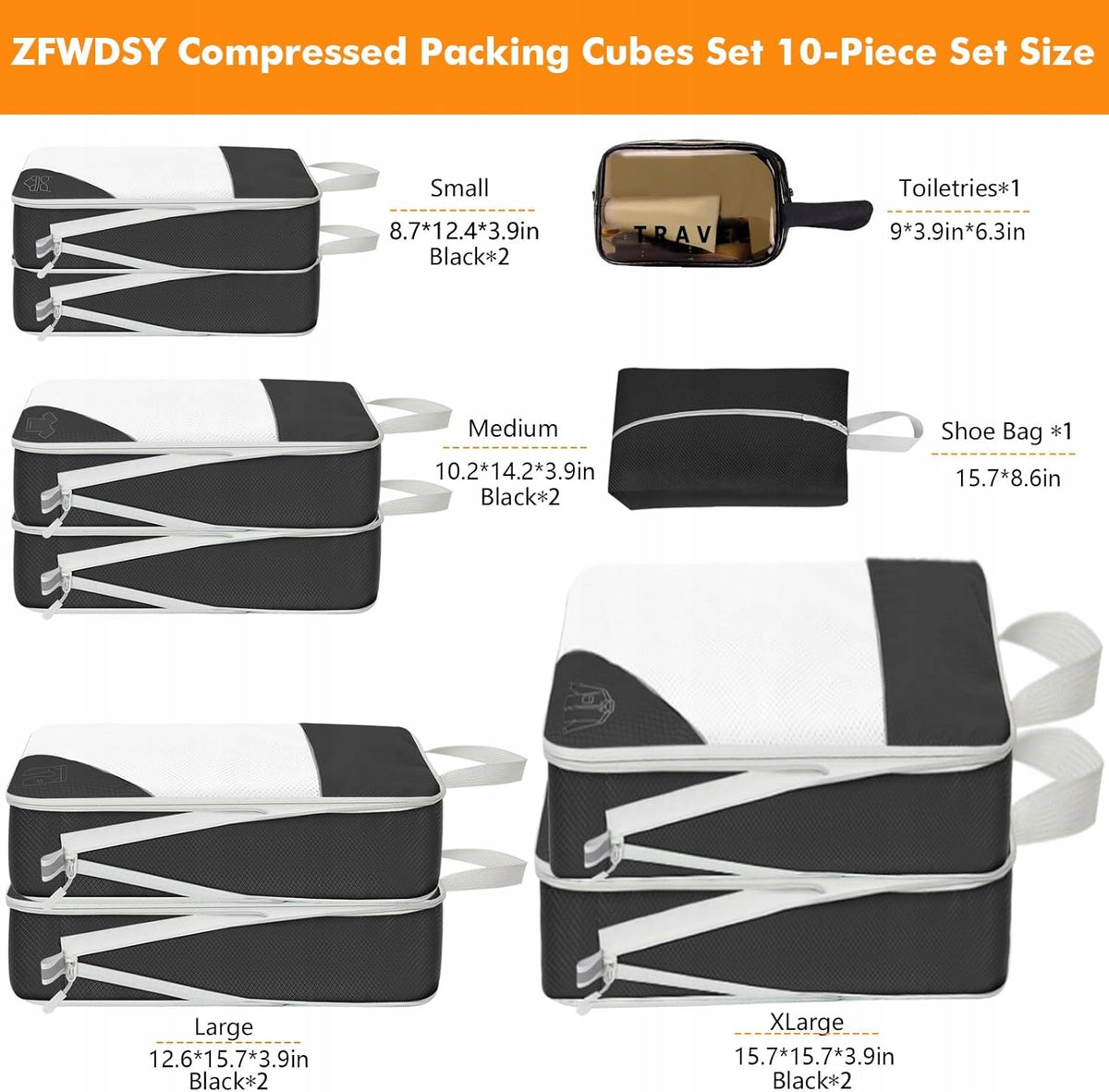 SET OF 10 COMPRESSION CUBES FOR PACKING BACKPACK SUITCASE Color transparent