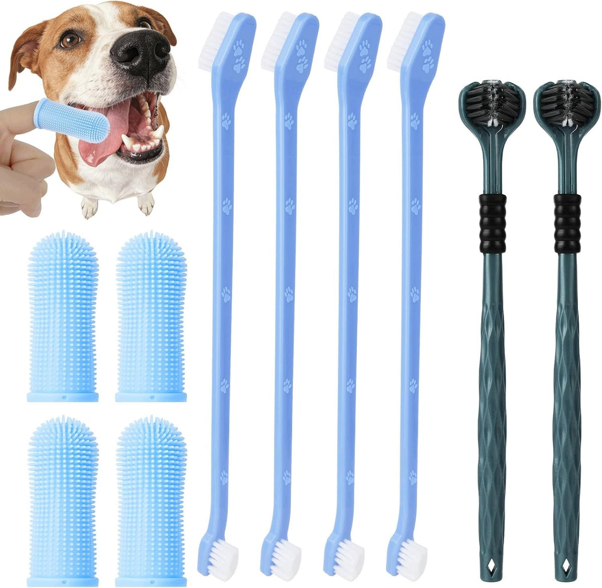 SET OF 10 DOG TOOTHBRUSHES - TRIPLE HEAD, FINGER TYPE