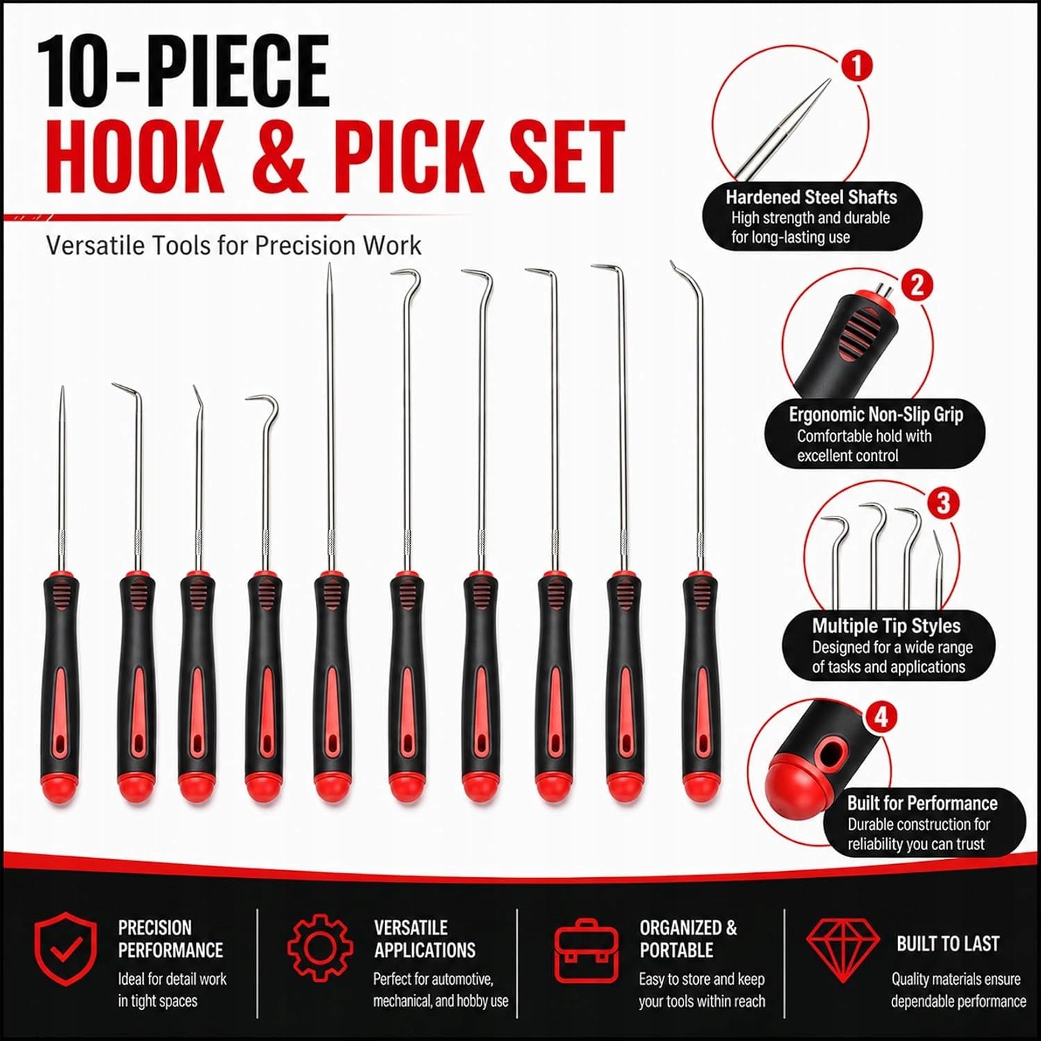 SET OF 10 HOOKS AND PICKS FOR SIMMERING O-RINGS ALLOY STEEL Manufacturer code HAKI O-RINGI SIMMERING NARZĘDZIA HYDRAUL