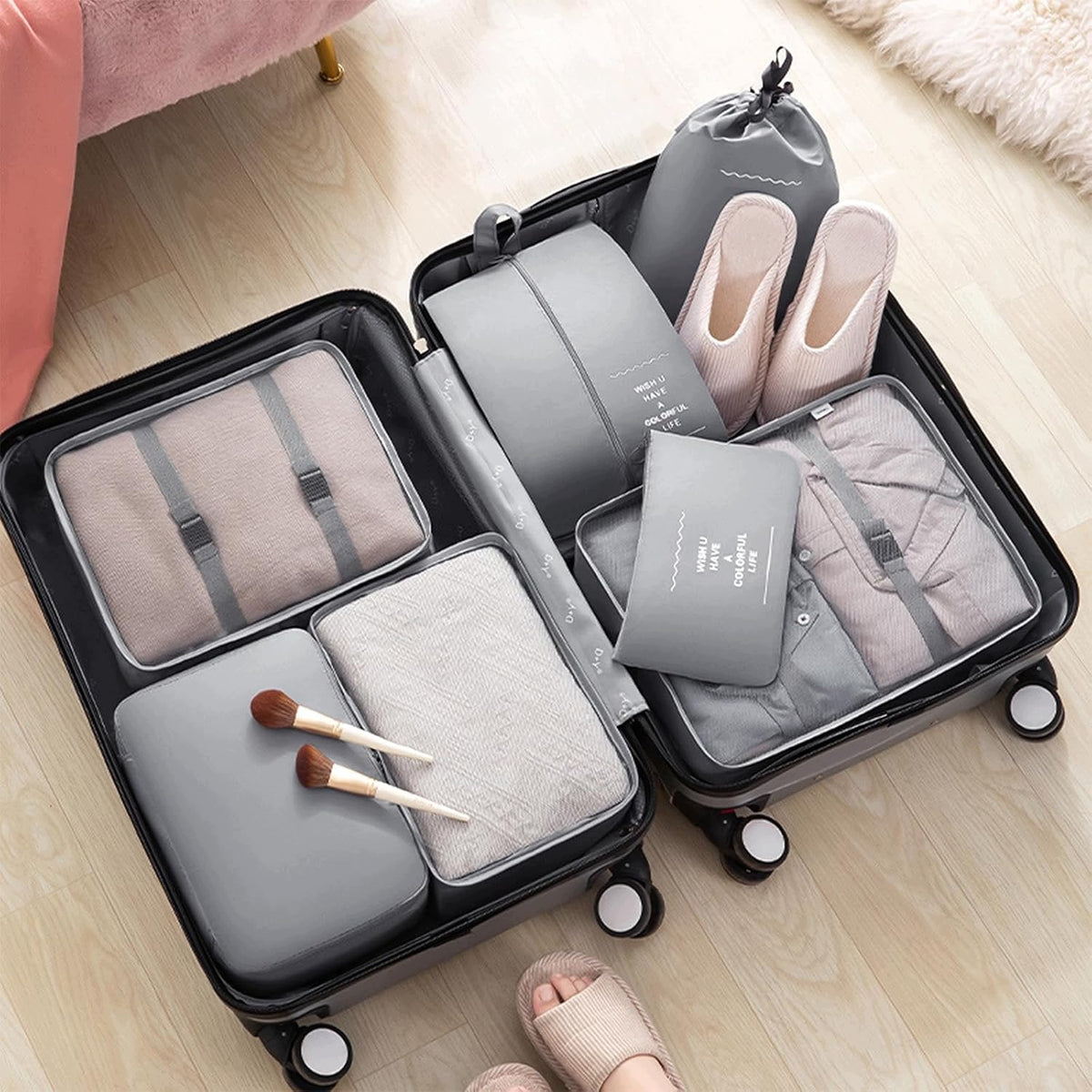 SET OF 12 ORGANIZERS FOR SUITCASE PACKING CUBES GREY Color gray