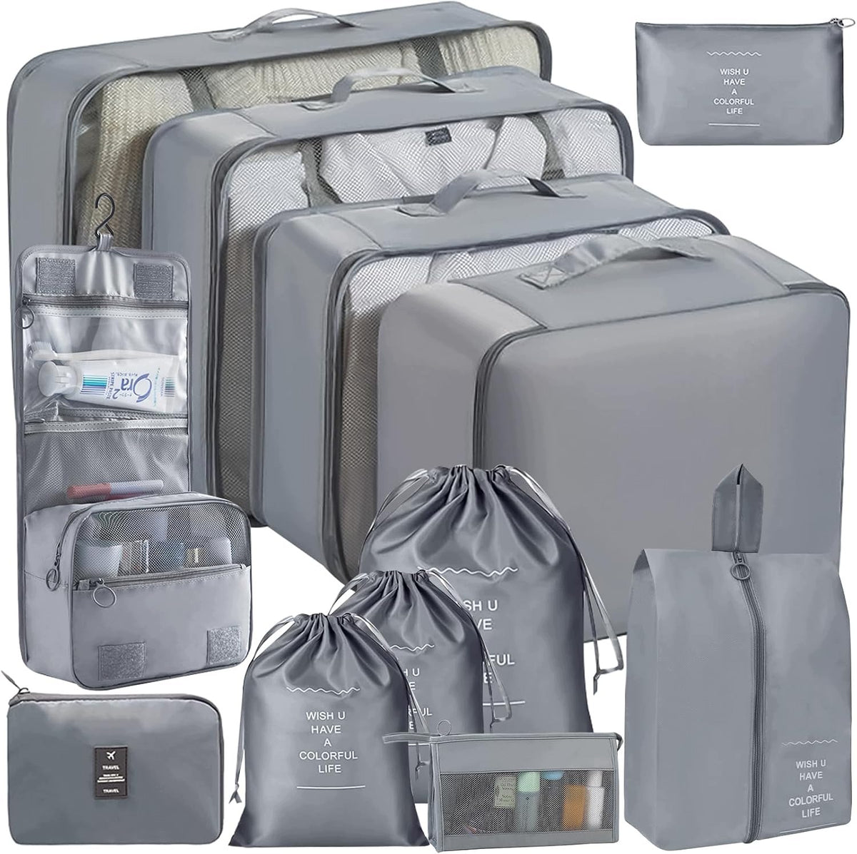 SET OF 12 ORGANIZERS FOR SUITCASE PACKING CUBES GREY
