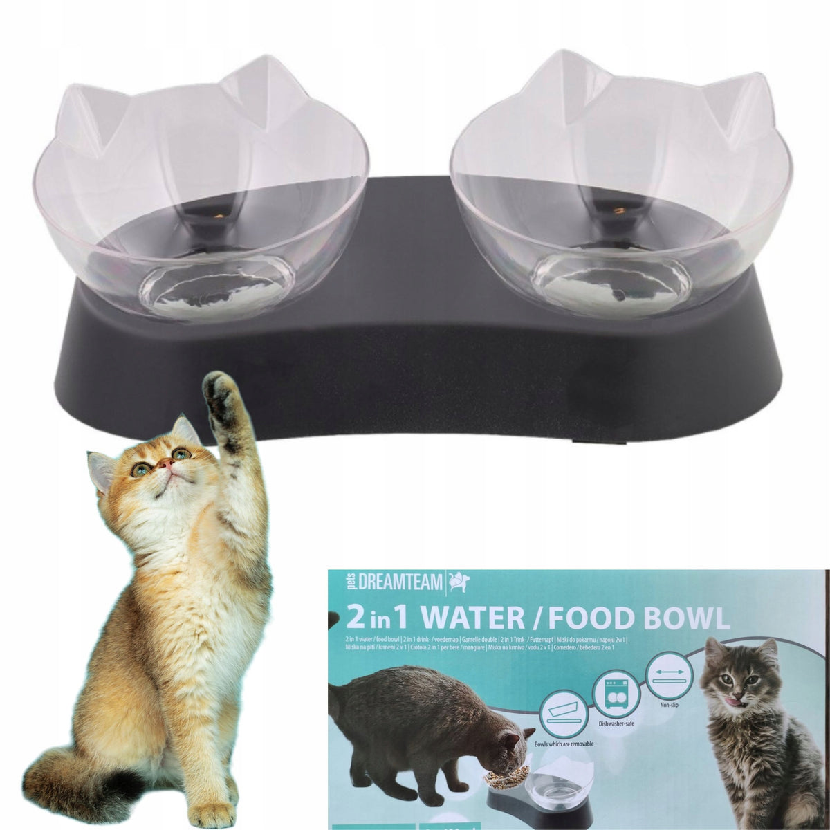 SET OF 2 CAT FEEDING BOWLS TWO IN ONE Dreamteam 400 ml BLACK