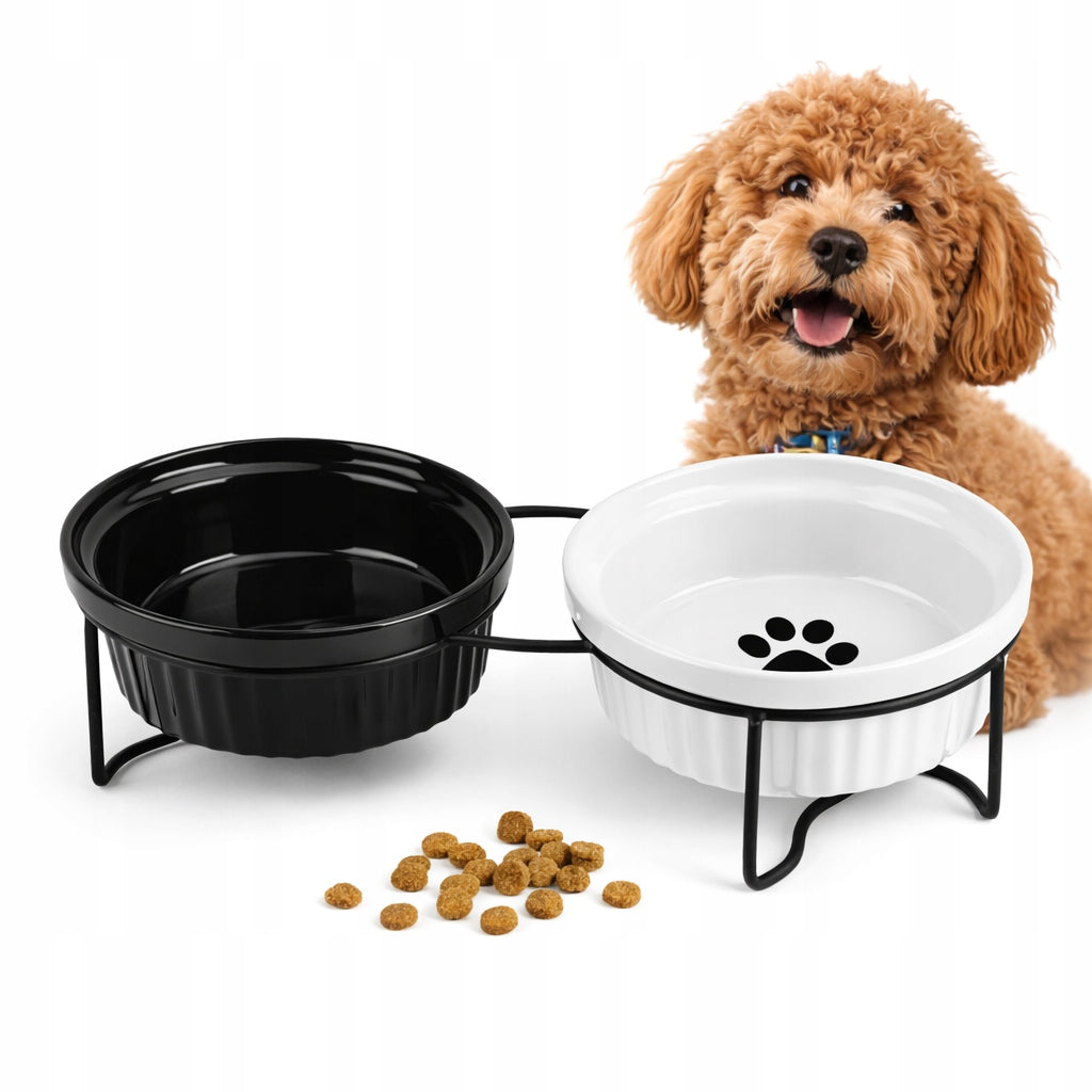 SET OF 2 CERAMIC BOWLS ON STEEL STAND FOR DOG AND CAT 2x300 ml