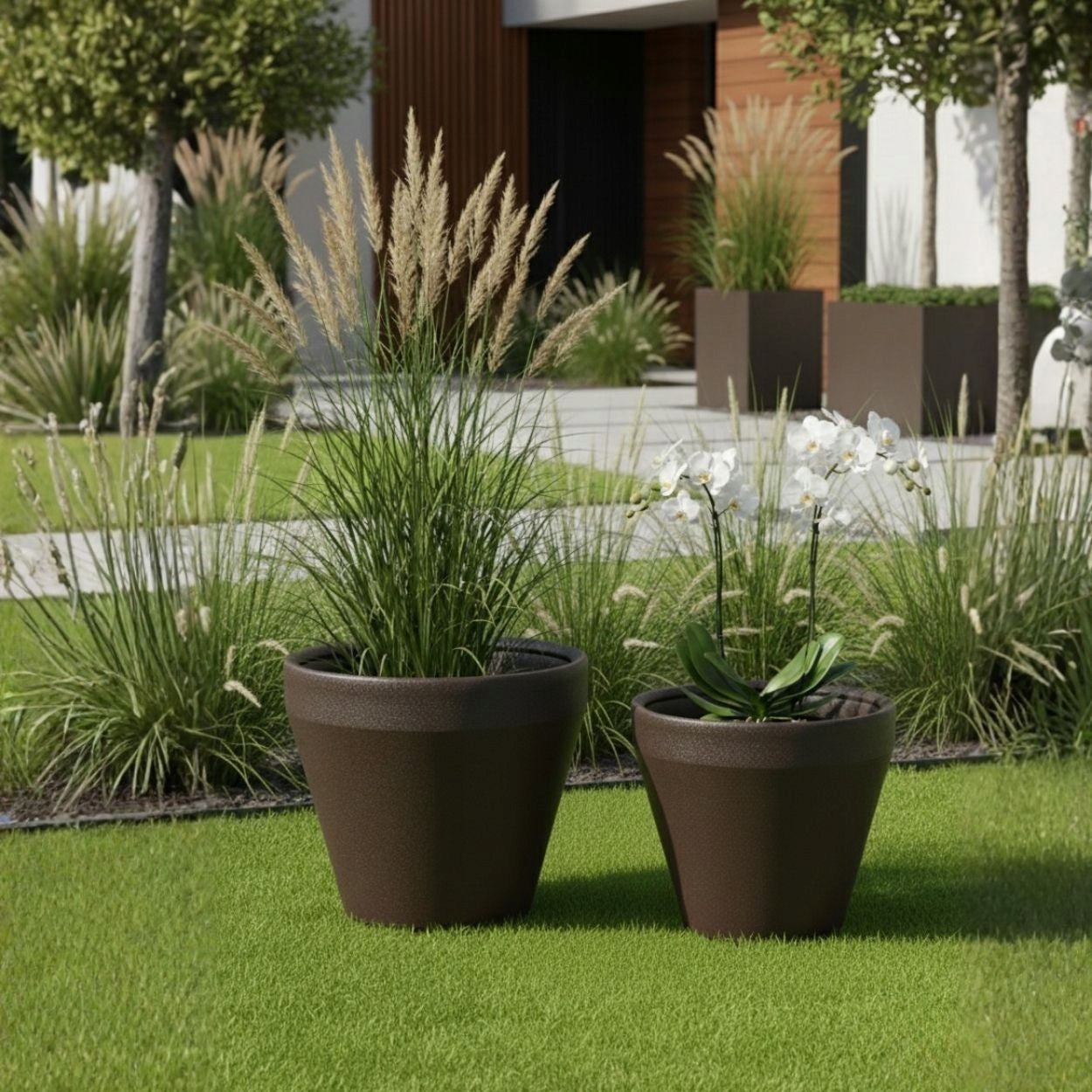 SET OF 2 GARDEN POTS PLASTIC large flower covers terrace brown Product height 51.2 cm
