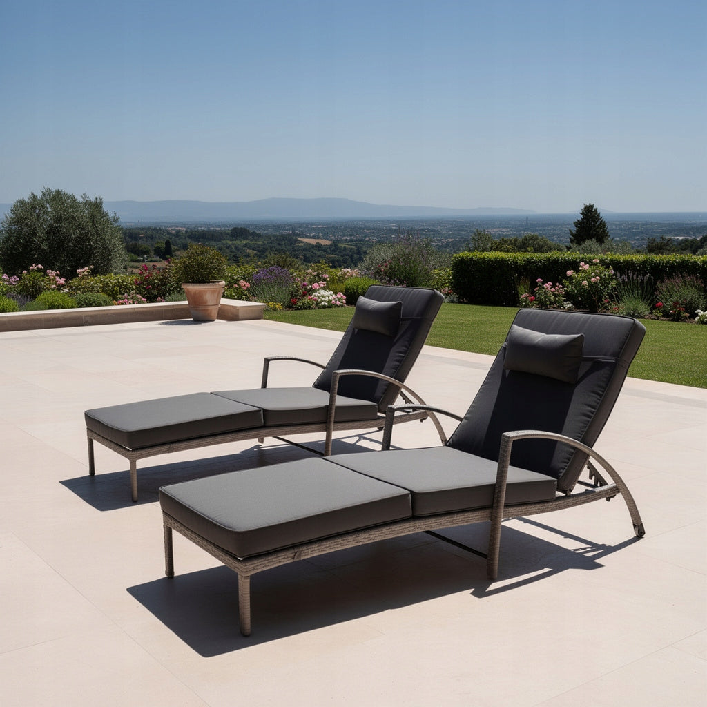 SET OF 2 GARDEN SUN LOUNGERS XL-2505 GREY RATTAN + GREY CUSHIONS Kind sunbed