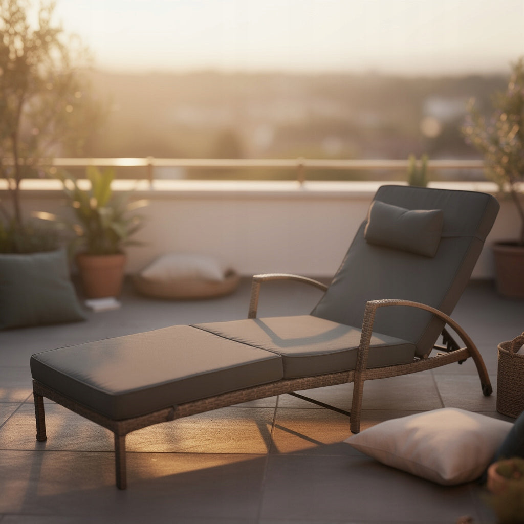 SET OF 2 GARDEN SUN LOUNGERS XL-2505 LIGHT BROWN RATTAN CUSHIONS GREY Color brown
