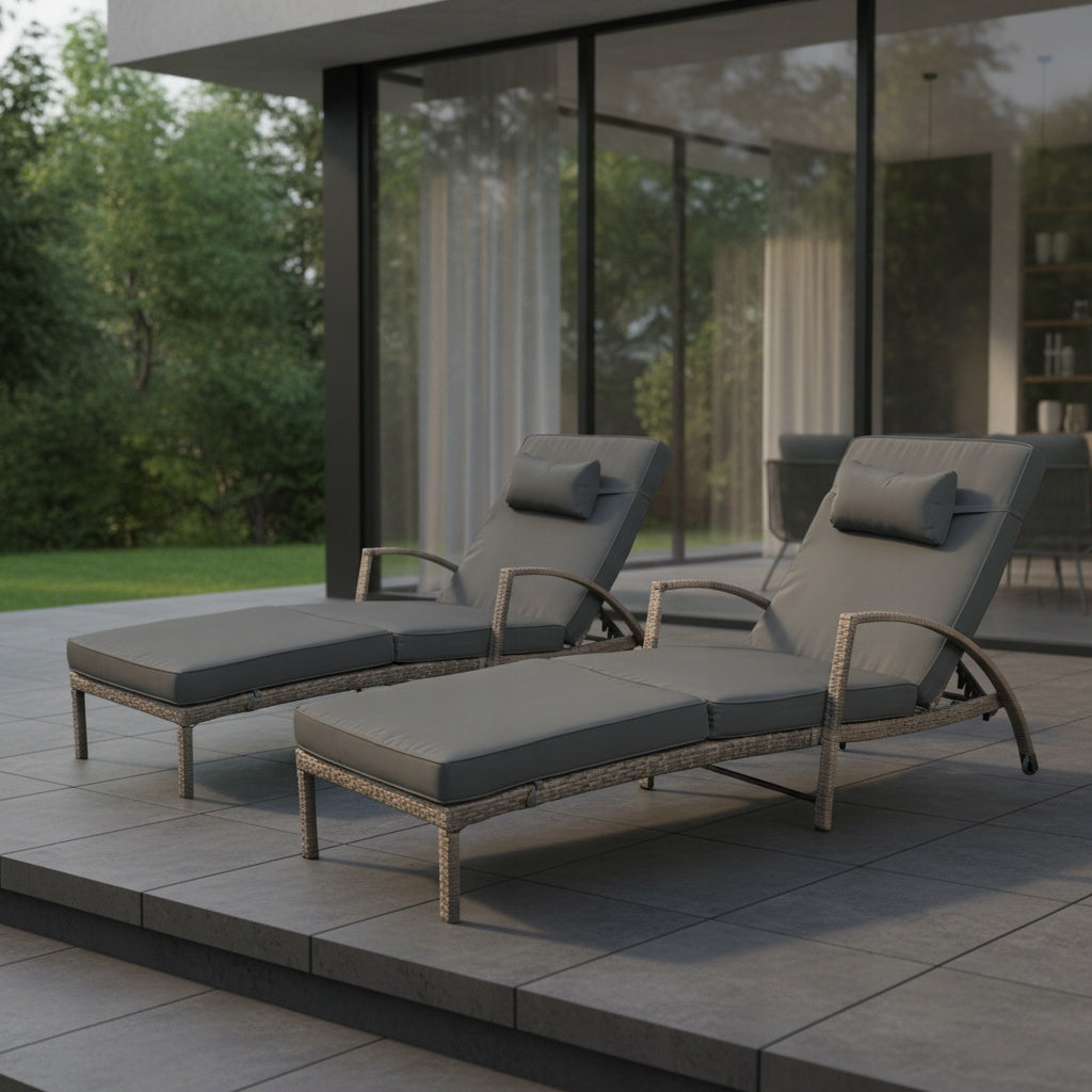 SET OF 2 GARDEN SUN LOUNGERS XL-2505 LIGHT BROWN RATTAN CUSHIONS GREY Manufacturer code XL-2505 LIGHT BROWN