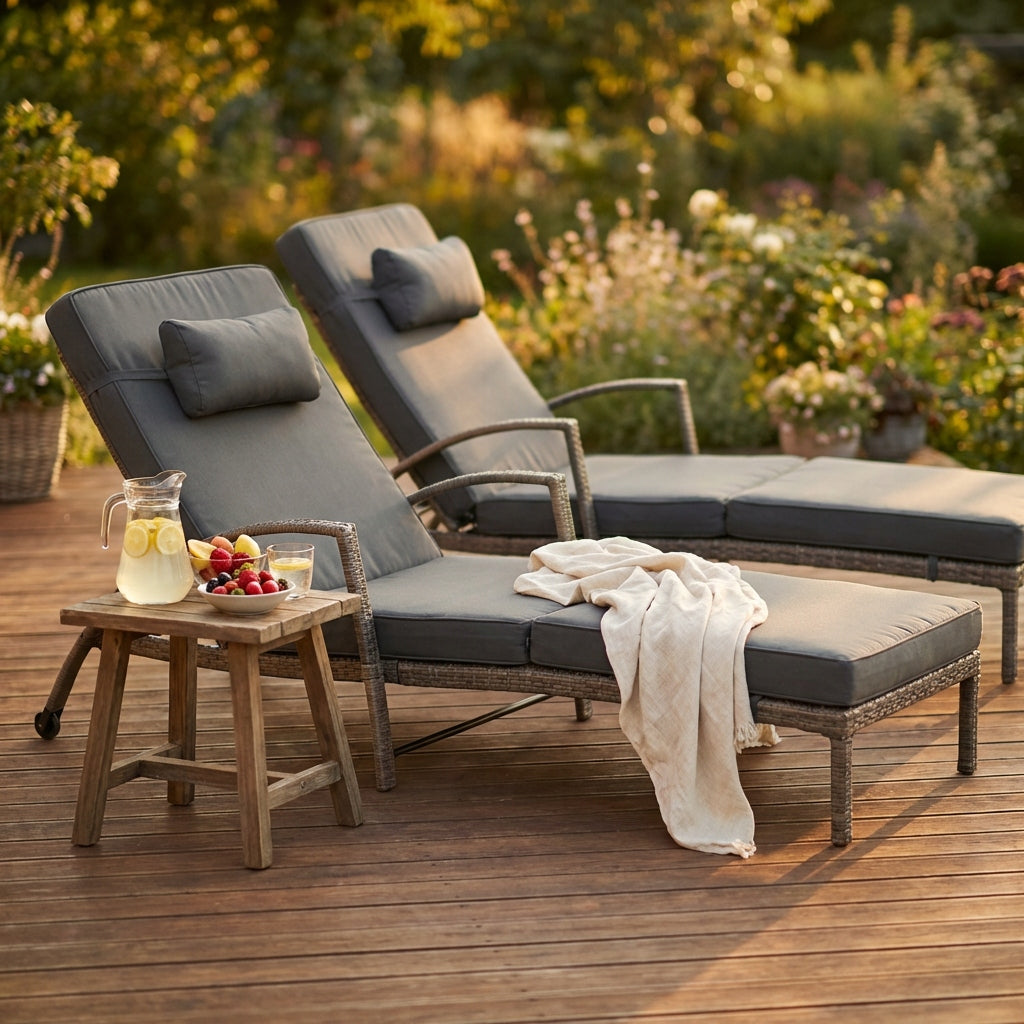 SET OF 2 GARDEN SUN LOUNGERS XL-2505 LIGHT BROWN RATTAN CUSHIONS GREY Packaging status original