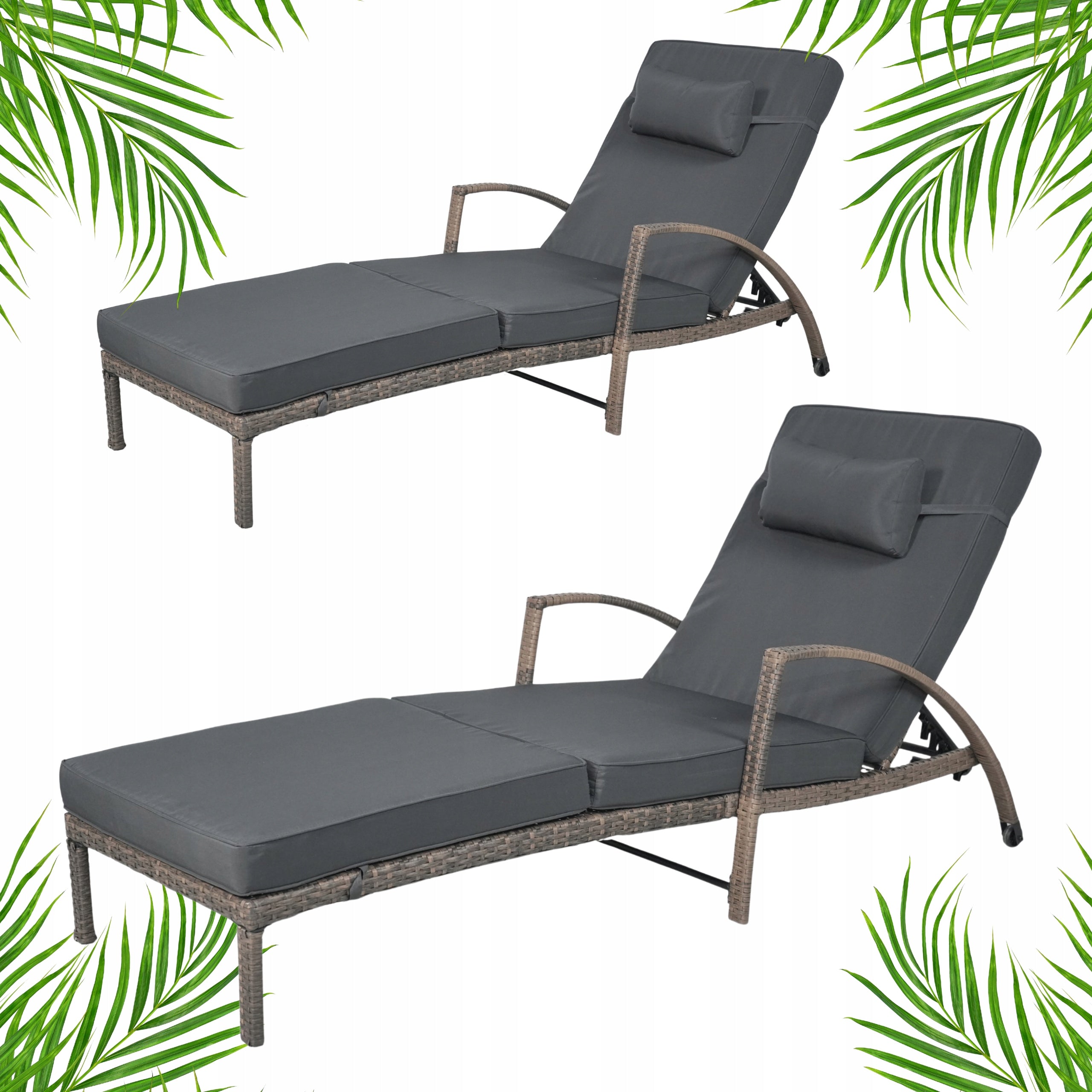 SET OF 2 GARDEN SUN LOUNGERS XL-2505 LIGHT BROWN RATTAN CUSHIONS GREY