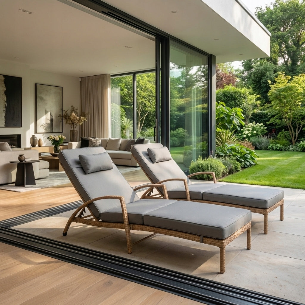 SET OF 2 GARDEN SUN LOUNGERS XL-2505 NATURAL RATTAN + GREY CUSHIONS Manufacturer code XL-2505 NATURAL