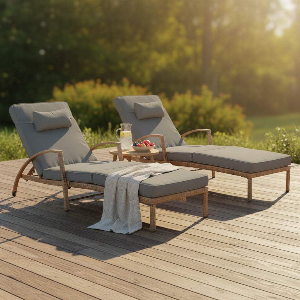 SET OF 2 GARDEN SUN LOUNGERS XL-2505 NATURAL RATTAN + GREY CUSHIONS Packaging status original