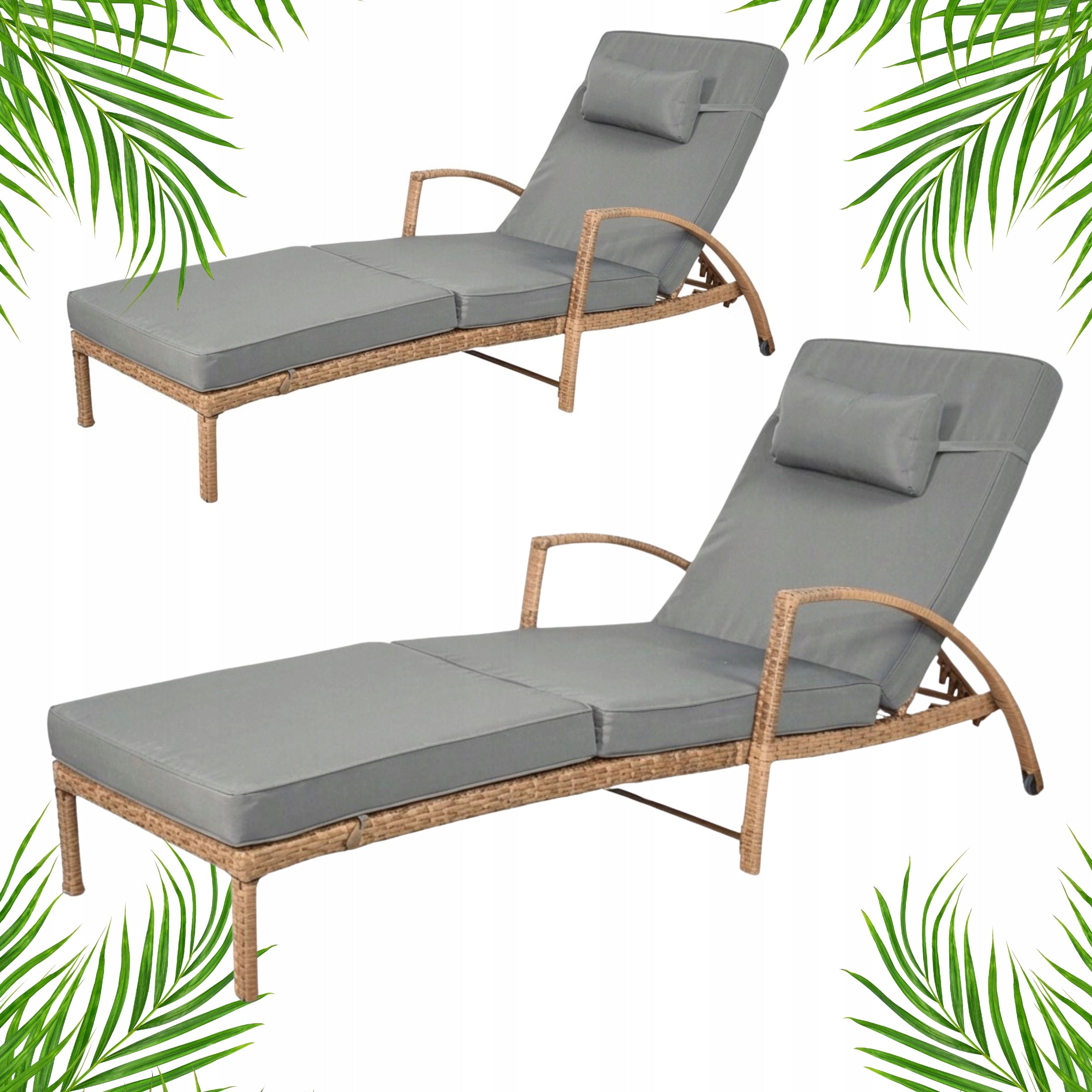 SET OF 2 GARDEN SUN LOUNGERS XL-2505 NATURAL RATTAN + GREY CUSHIONS