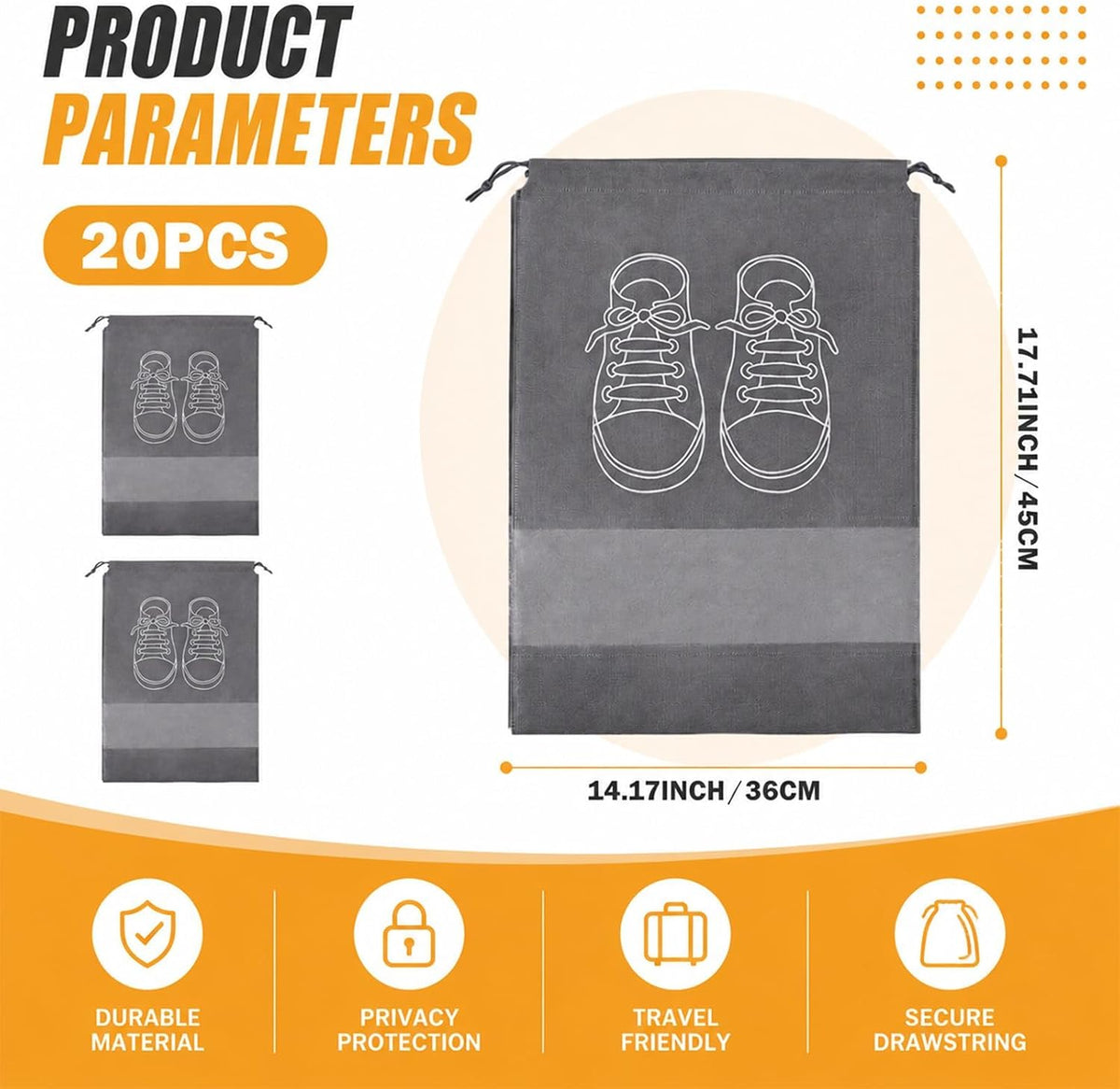 SET OF 20 TRAVEL SHOE BAGS DARK GREY 36X45 CM Color gray
