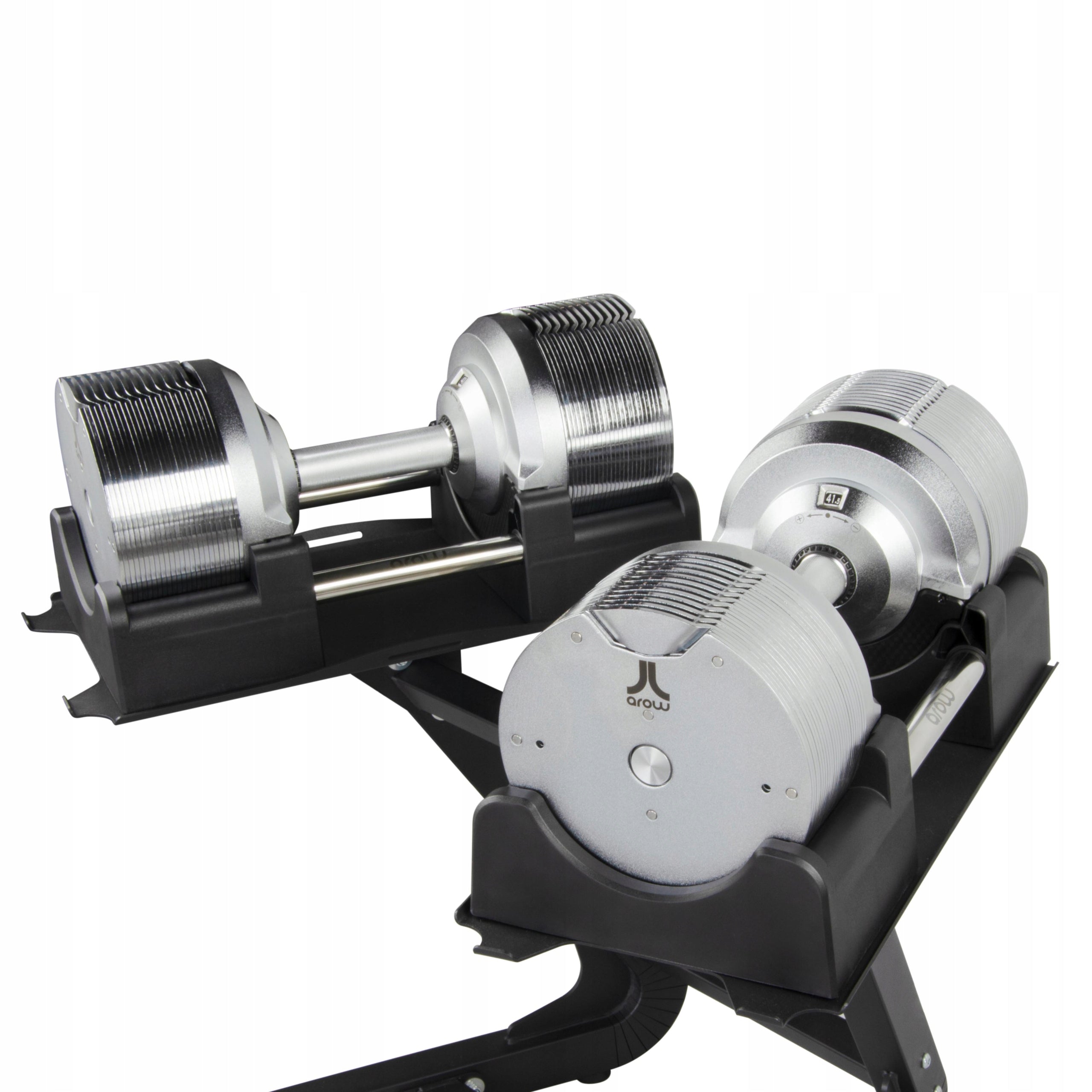 SET OF 2X ADJUSTABLE DUMBBELLS SILVER 41,5KG + BLACK DUMBBELL STAND 100KG Manufacturer code 2x hantle regulowane 41,5kg srebrne + stojak