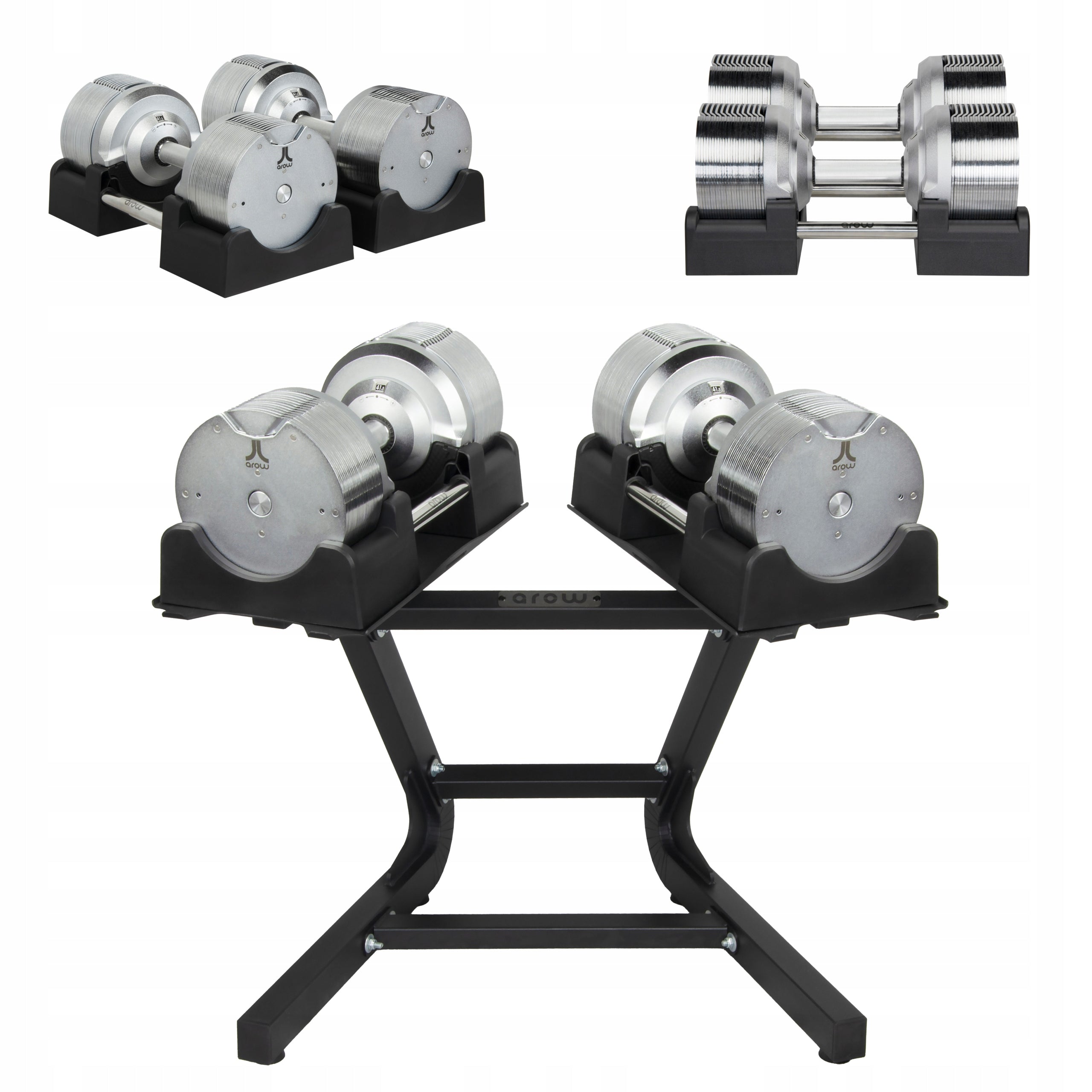 SET OF 2X ADJUSTABLE DUMBBELLS SILVER 41,5KG + BLACK DUMBBELL STAND 100KG
