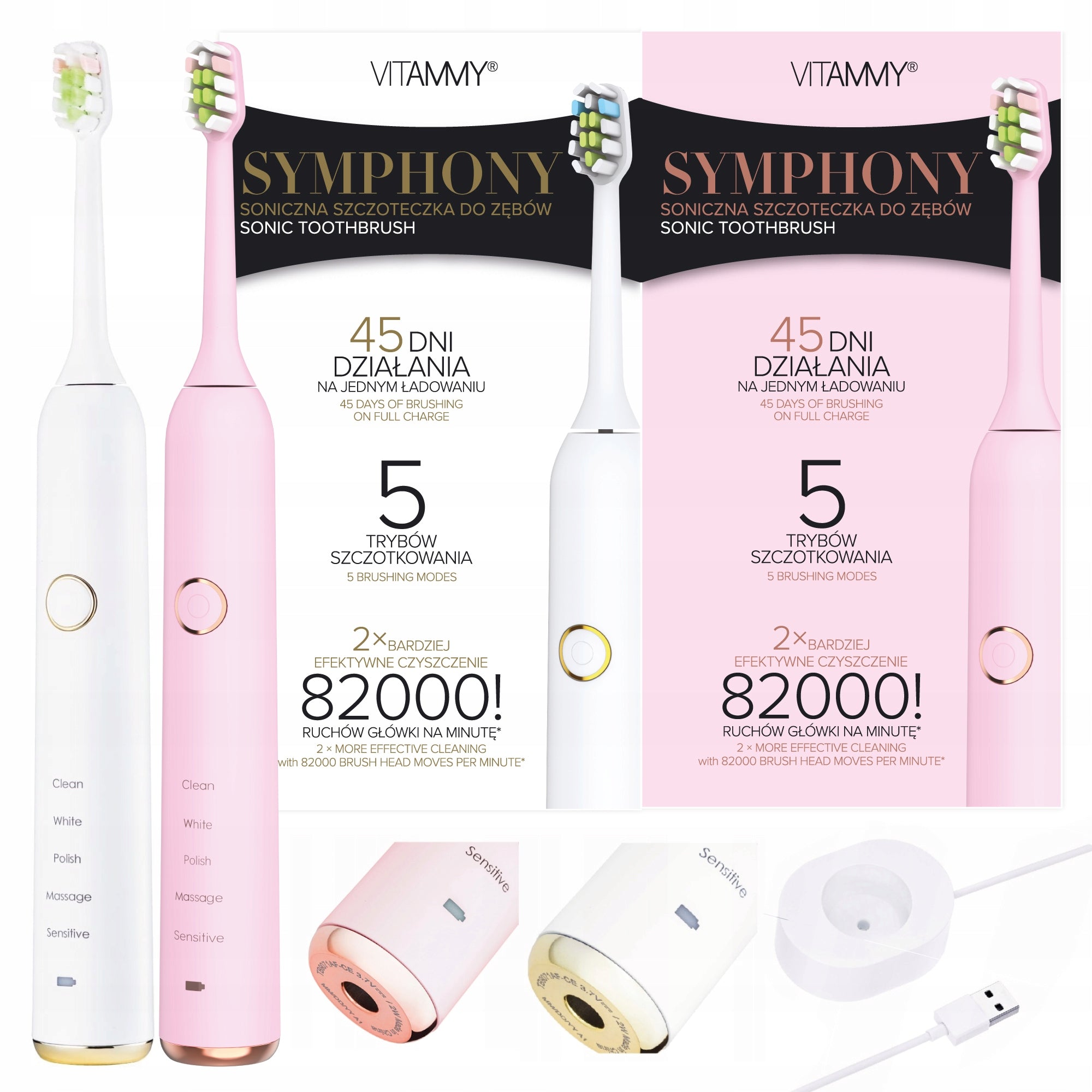 SET OF 2X ELECTRIC SONIC TOOTHBRUSH VITAMMY SYMPHONY
