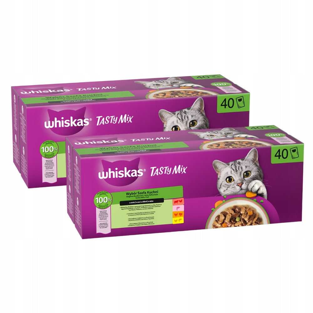 SET OF 2X WET CAT FOOD WHISKAS CHOICE OF CHEF IN SAUCE - 40X85G