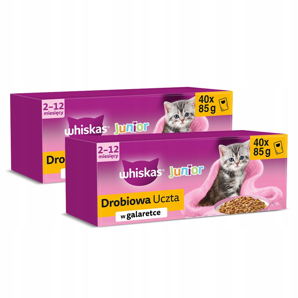 SET OF 2X WET FOOD FOR KITTENS WHISKAS POULTRY FEAST IN JELLY -40x85G