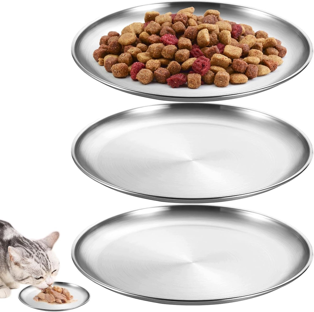 SET OF 3 CAT BOWLS 14 CM FLAT STAINLESS STEEL