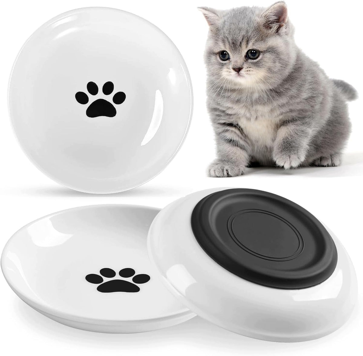 SET OF 3 CERAMIC CAT BOWLS NON-SLIP RUBBER BOTTOM