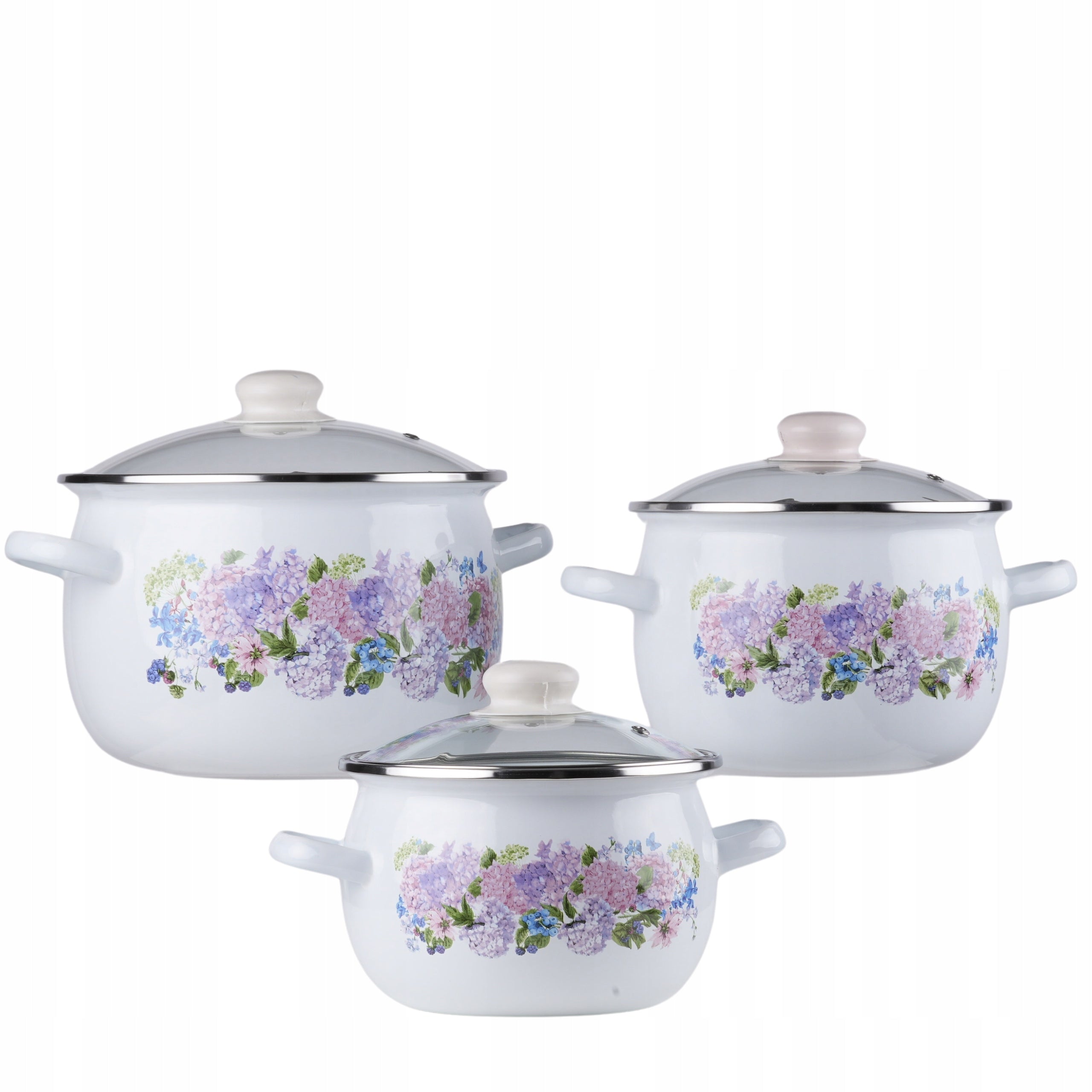 SET OF 3 ENAMEL POTS + COVERS INDUCTION GAS ENAMEL POTS 6EL