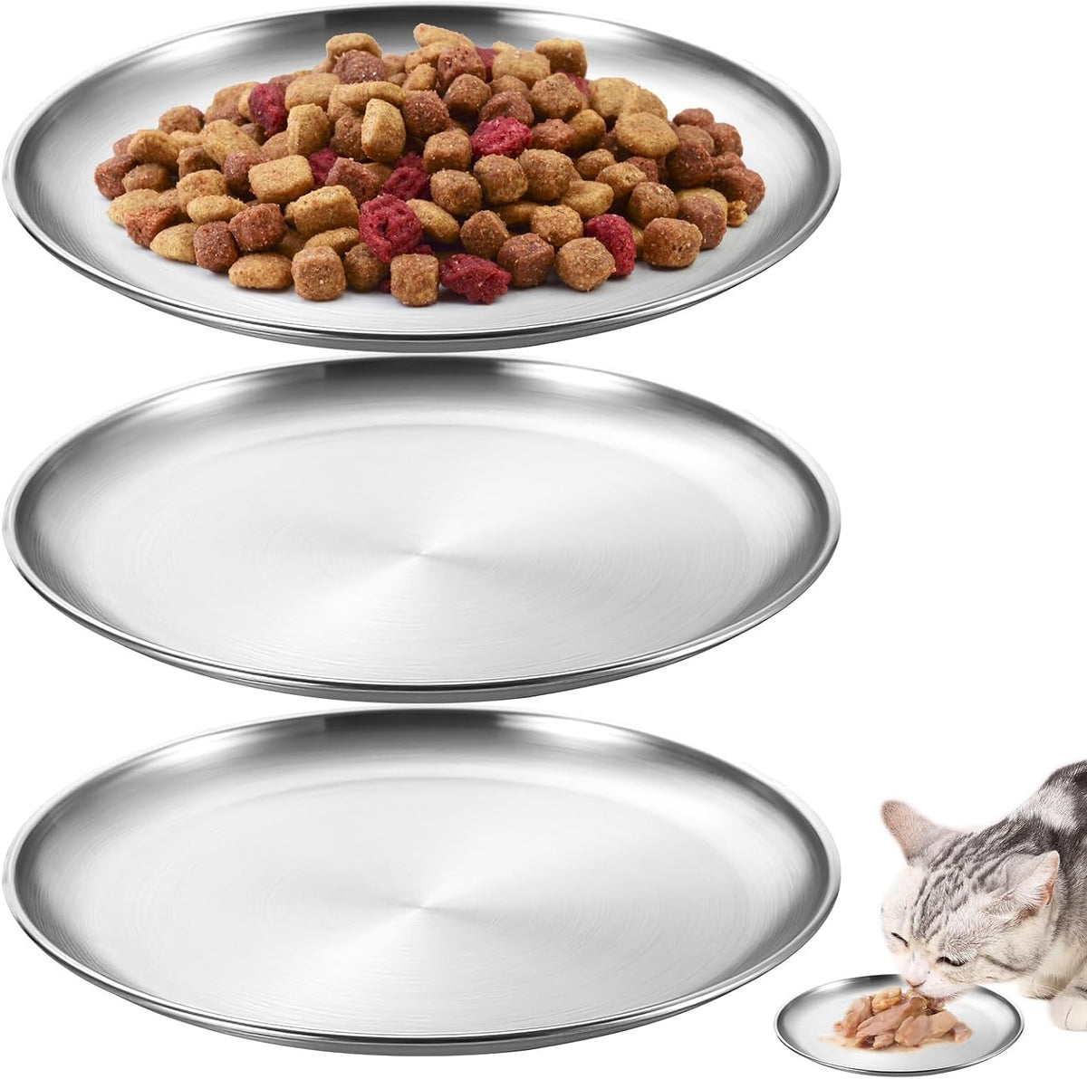 SET OF 3 FLAT STAINLESS STEEL CAT BOWLS 14 CM