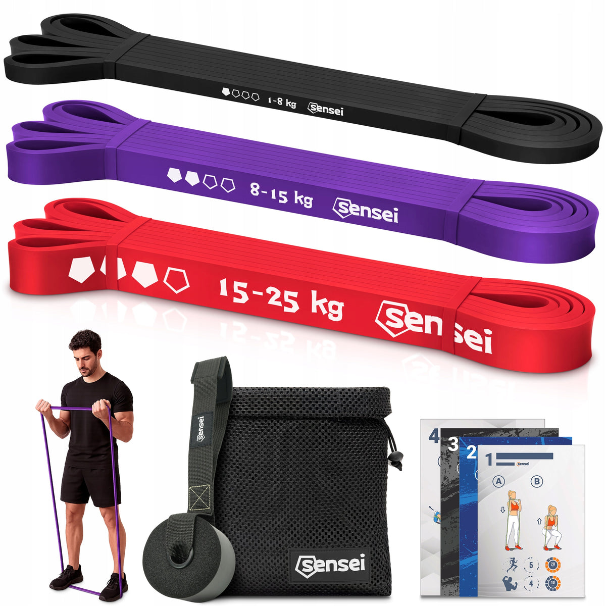 SET OF 3 RUBBER POWER BAND + HANDLE, Resistance Exercise Tapes, Pull-Ups