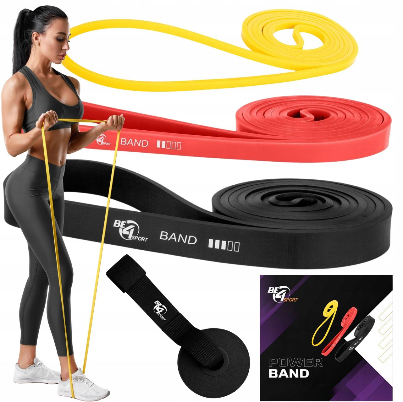 SET OF 3 RUBBER POWER BAND + RESISTANCE RUBBER HOLDER FOR PULL-UP RESISTANCE 2-23 kg