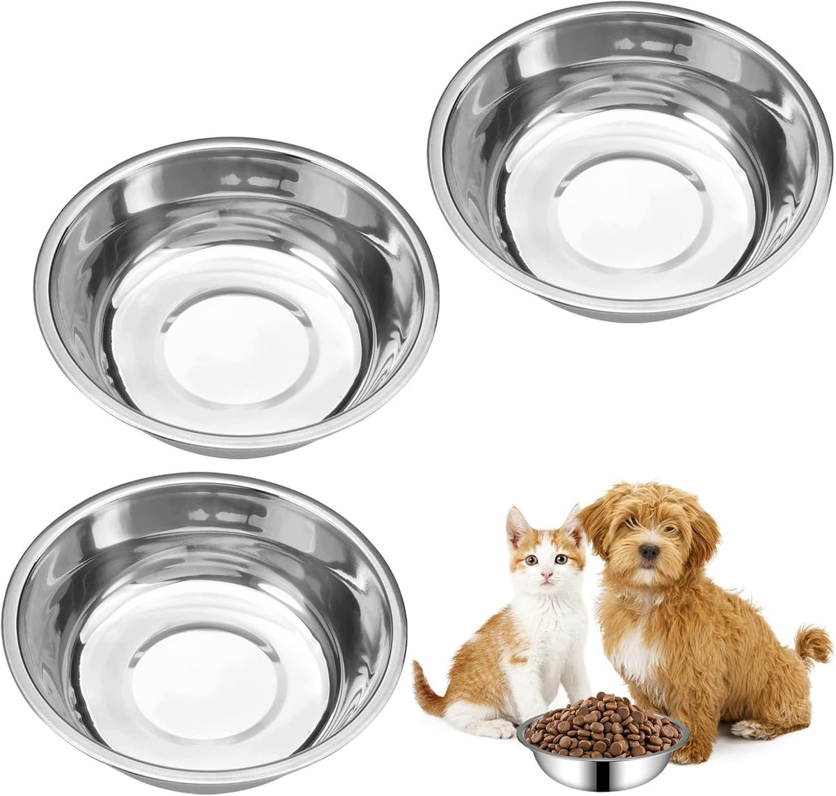 SET OF 3 STAINLESS STEEL DOG CAT BOWLS FLAT