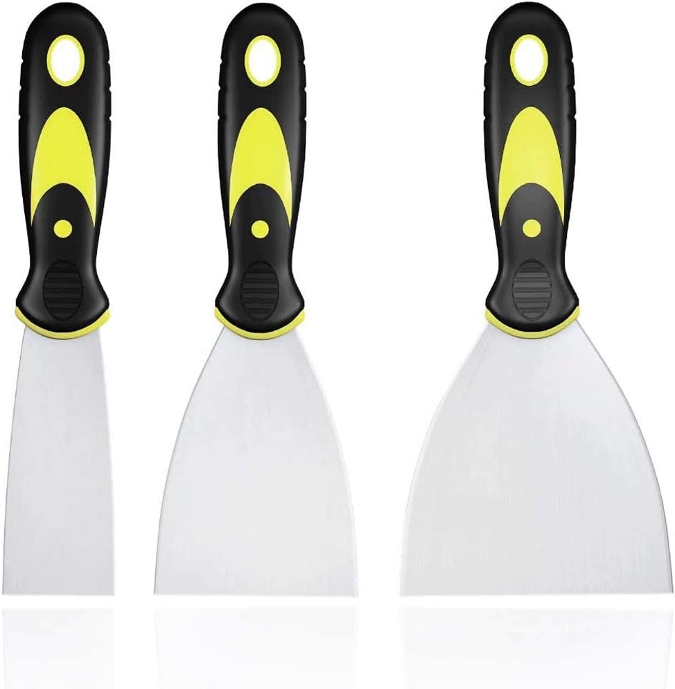 SET OF 3 STAINLESS STEEL SCRAPERS PLASTIC HANDLE