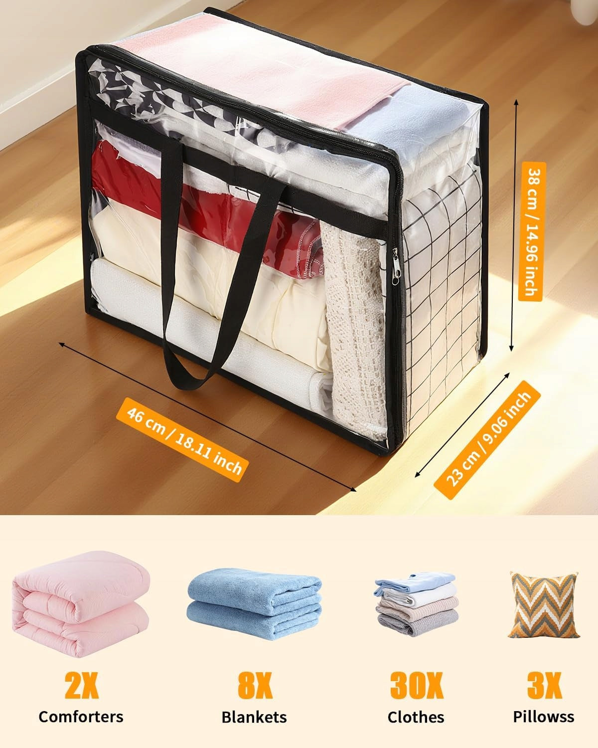 SET OF 3 TRANSPARENT STORAGE BAGS 40L ZIPPER Color transparent