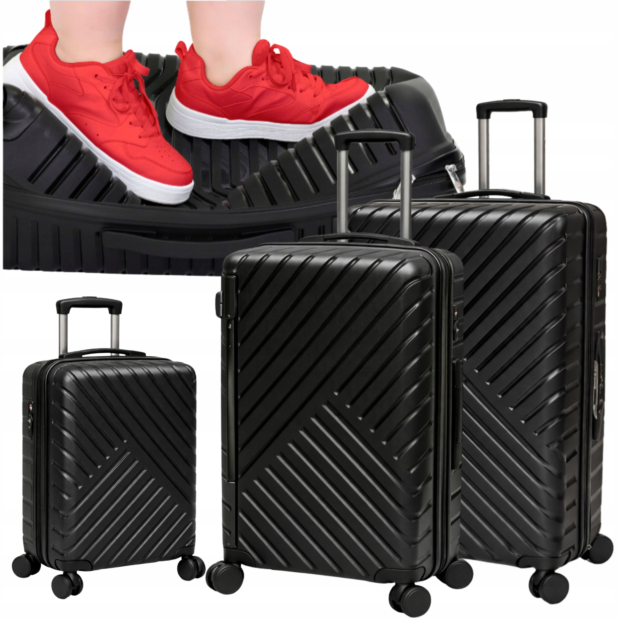 SET OF 3 TRAVEL SUITCASES PP LARGE MEDIUM CABIN LIGHT 4 WHEELS 360°