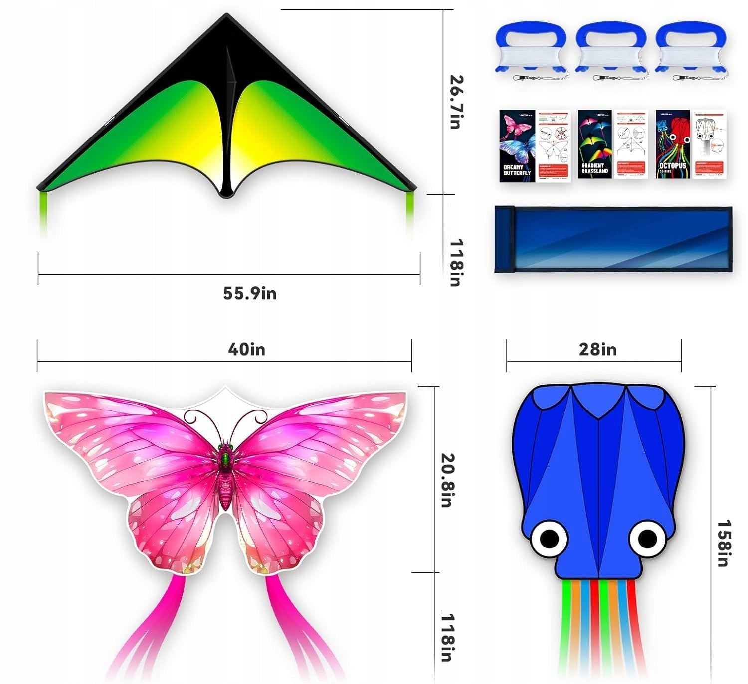 SET OF 3 x LARGE KITE DELTA BUTTERFLY OCTOPUS KITES LJN / MEN Brand no brand
