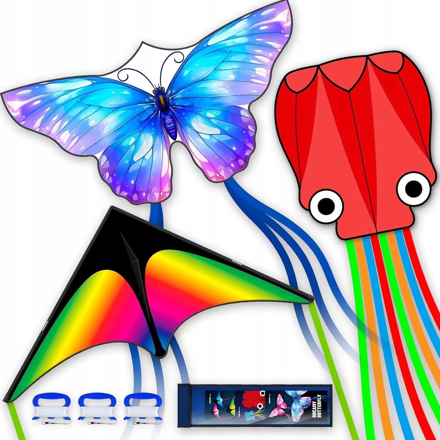 SET OF 3 x LARGE KITE DELTA BUTTERFLY OCTOPUS KITES LJN / MEN Manufacturer code LJN / MEN