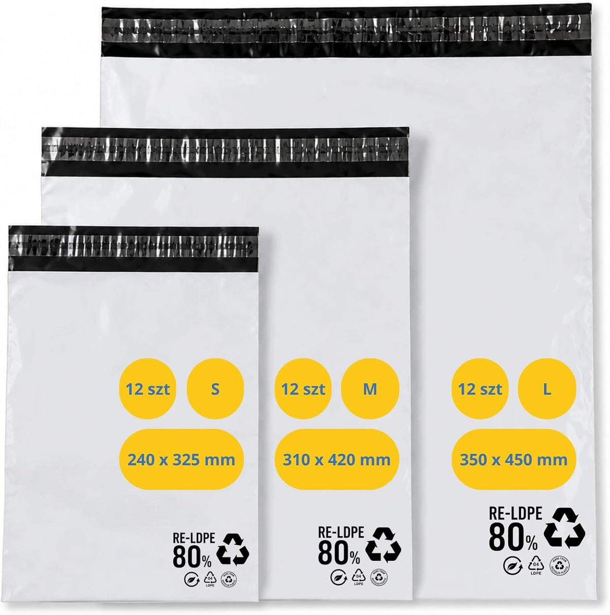 SET OF 36 COURIER ENVELOPES S/M/L SELF-ADHESIVE WHITE LDPE